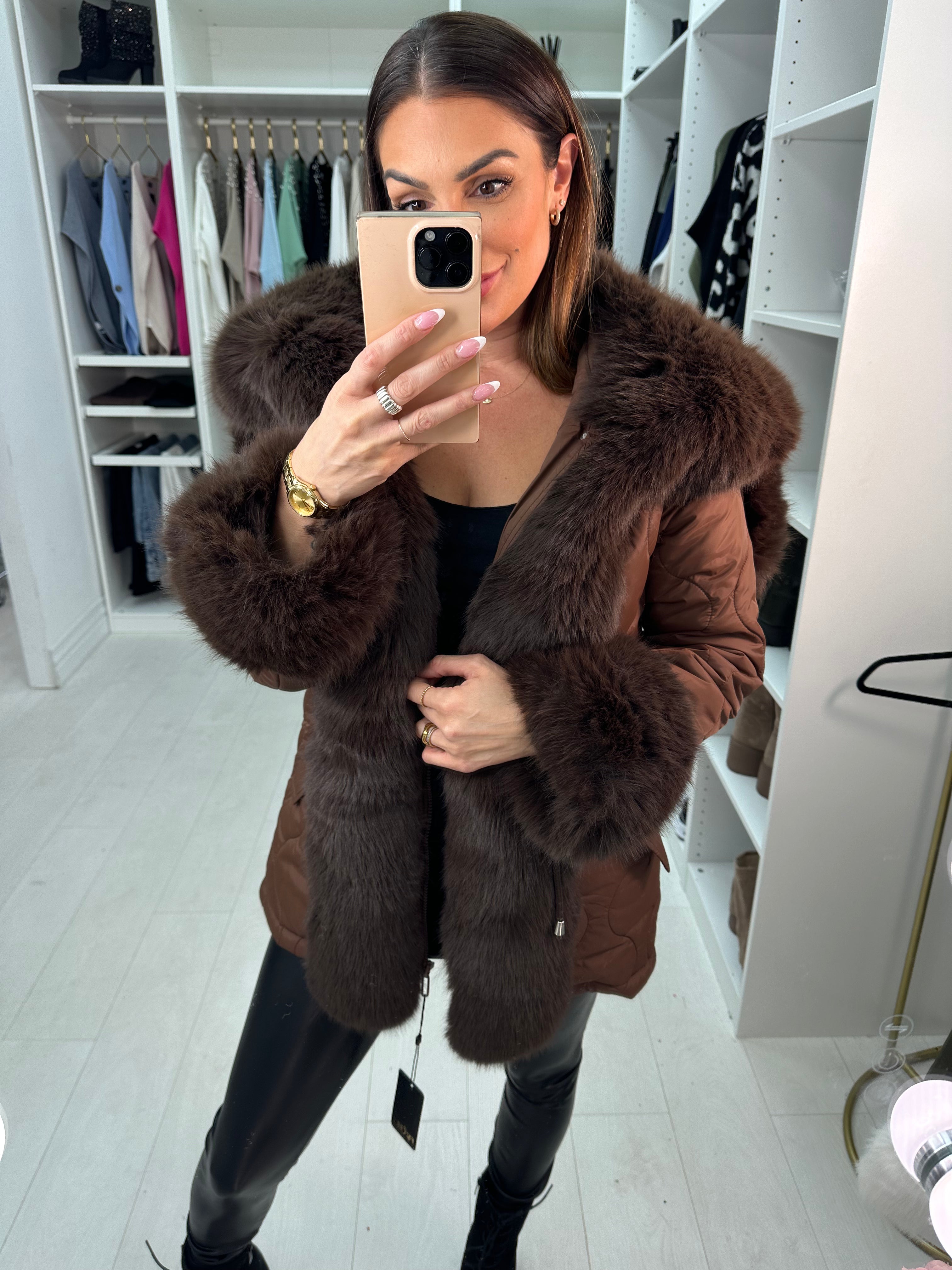 Alanda Chocolate Faux Fur Toggle Waist Jacket