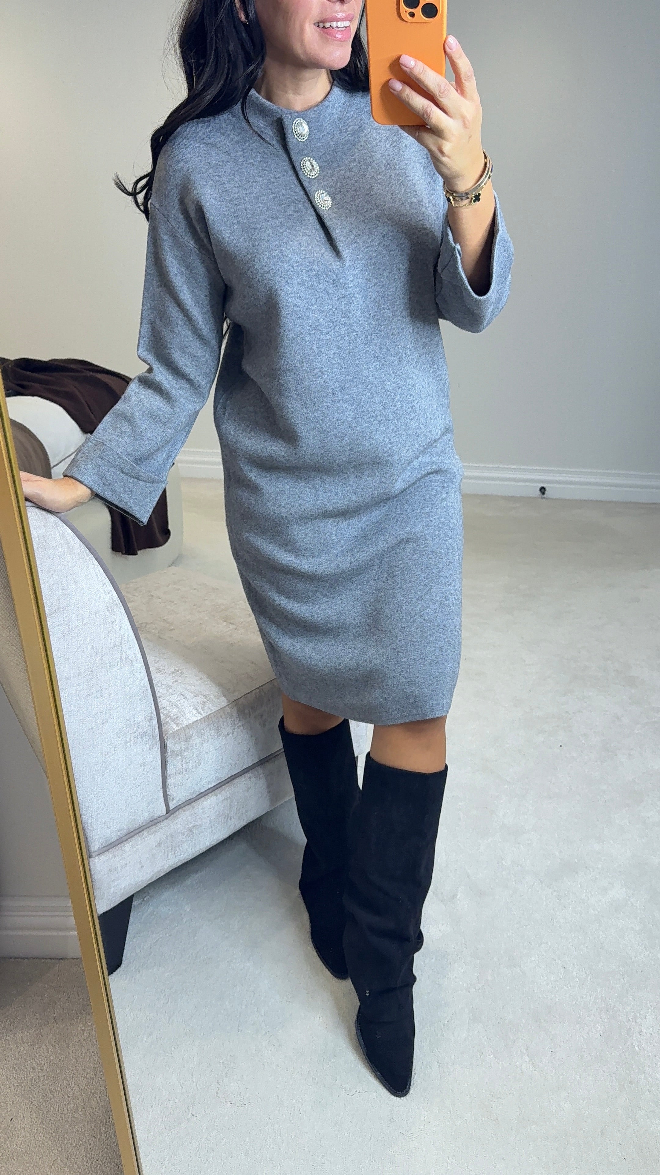 Emrie Embellished Button Detail Knitted Dress