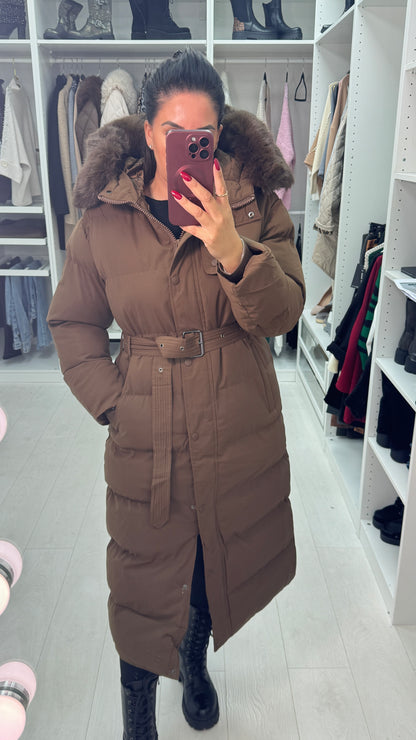 Maddox Chocolate Padded Faux Fur Hooded Coat