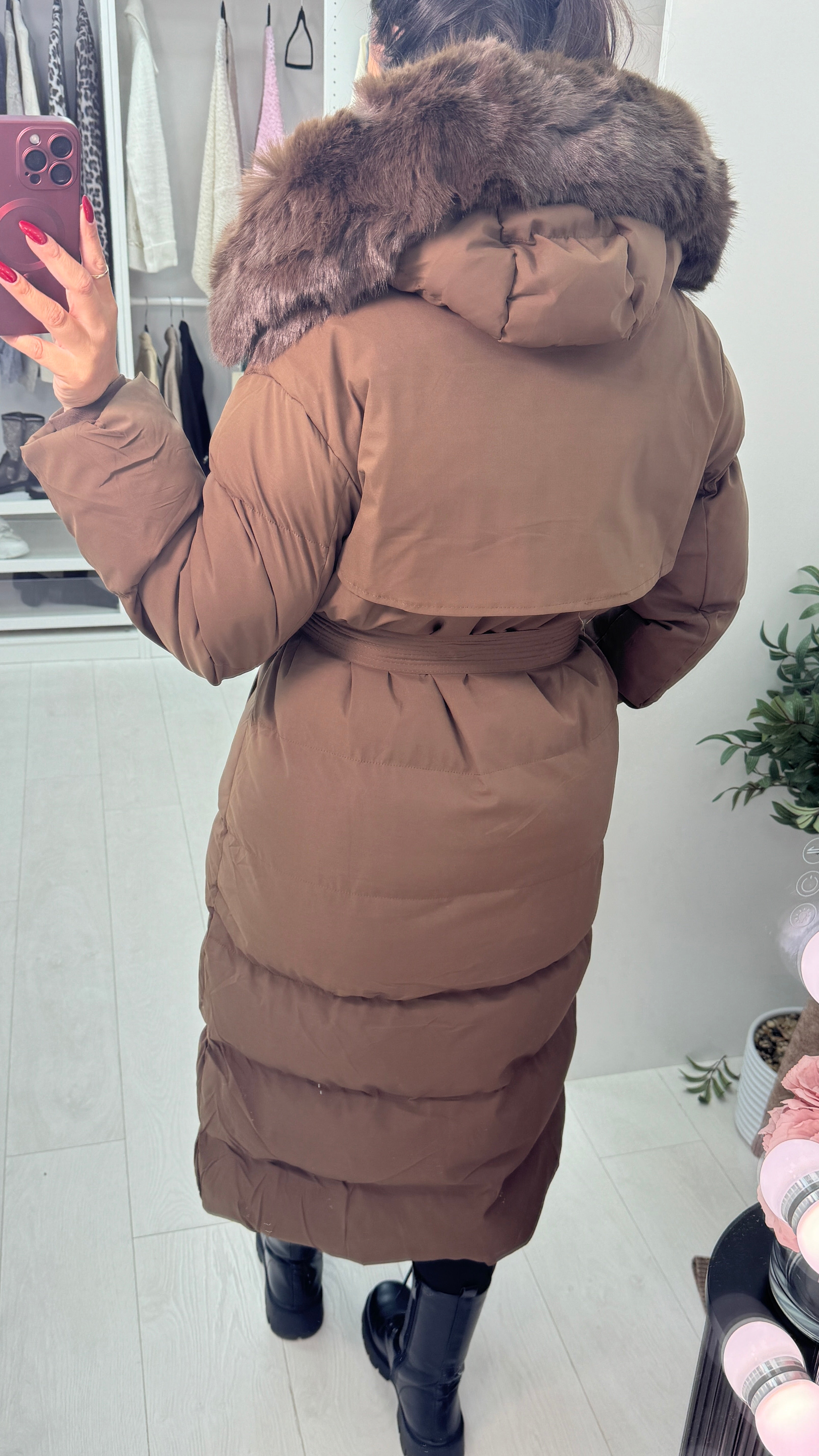 Maddox Chocolate Padded Faux Fur Hooded Coat