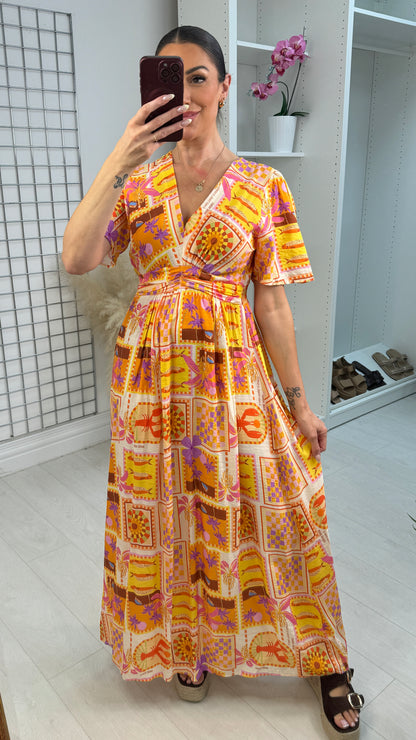 Brila Tropical Print V Neck Maxi Dress