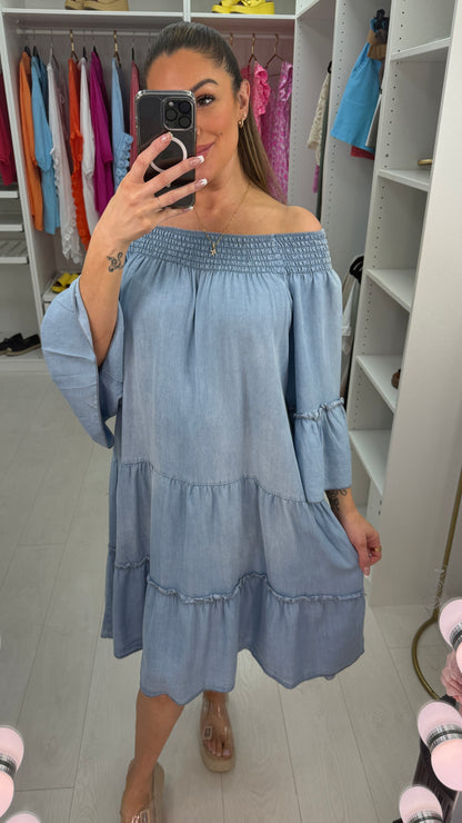 Julieta Denim Loose Fit Bardot Dress
