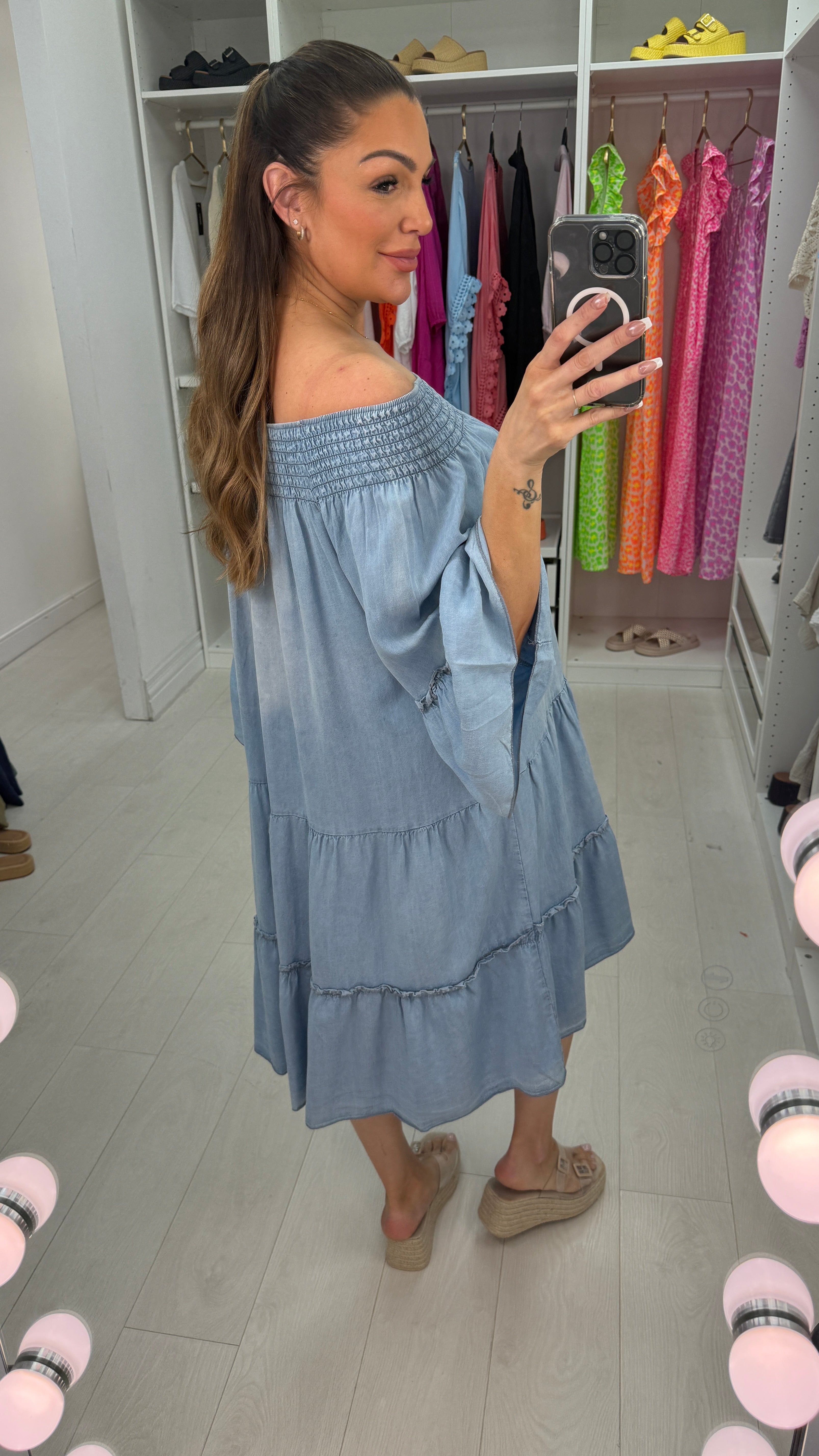 Julieta Denim Loose Fit Bardot Dress