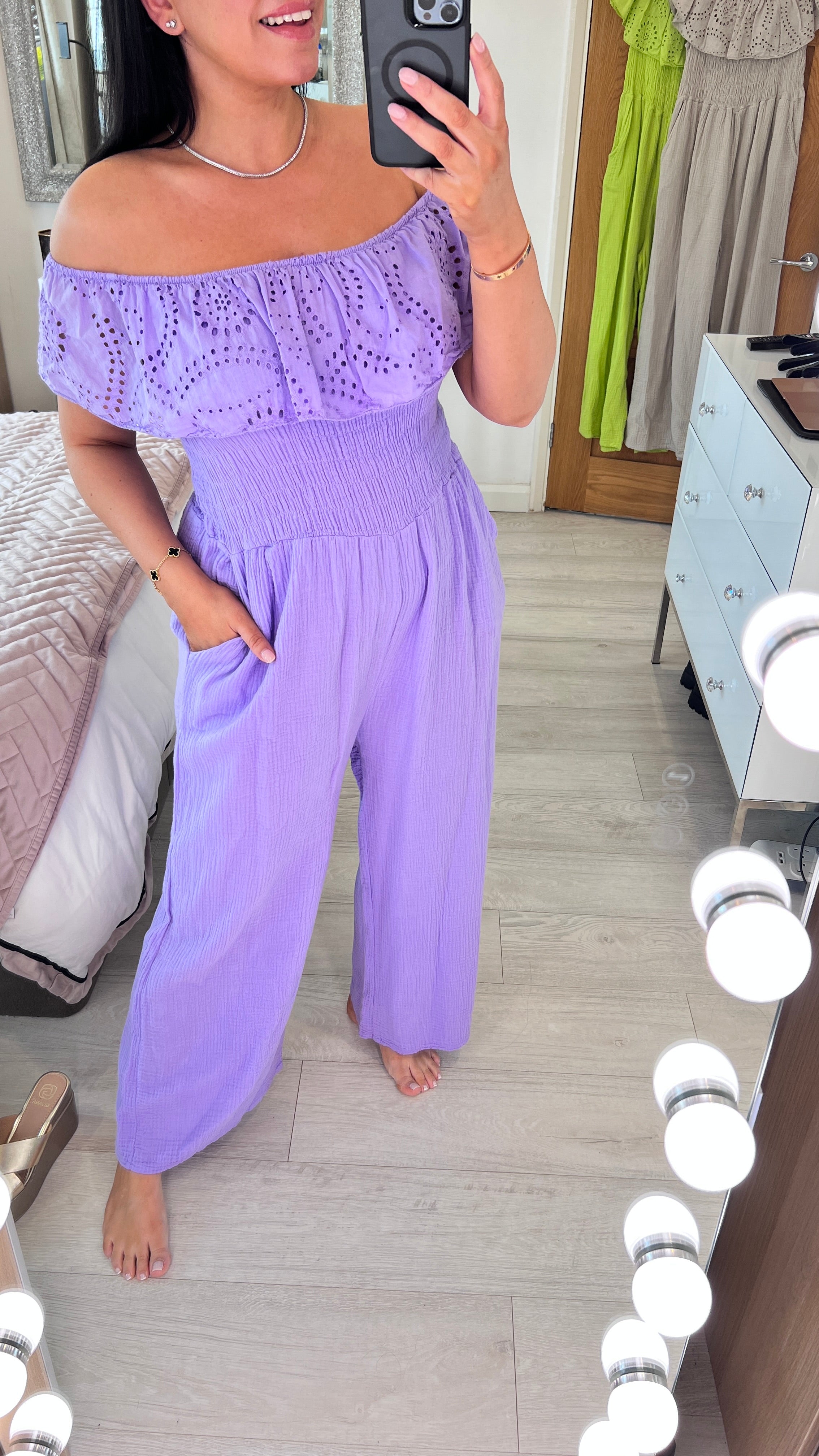 Priscilla Cheesecloth Broderie Frill Bardot Jumpsuit