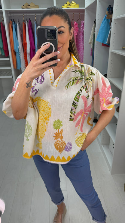 Stellan Tropical Print Ballon Sleeve Top