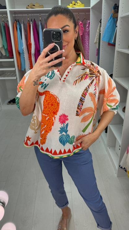 Stellan Tropical Print Ballon Sleeve Top