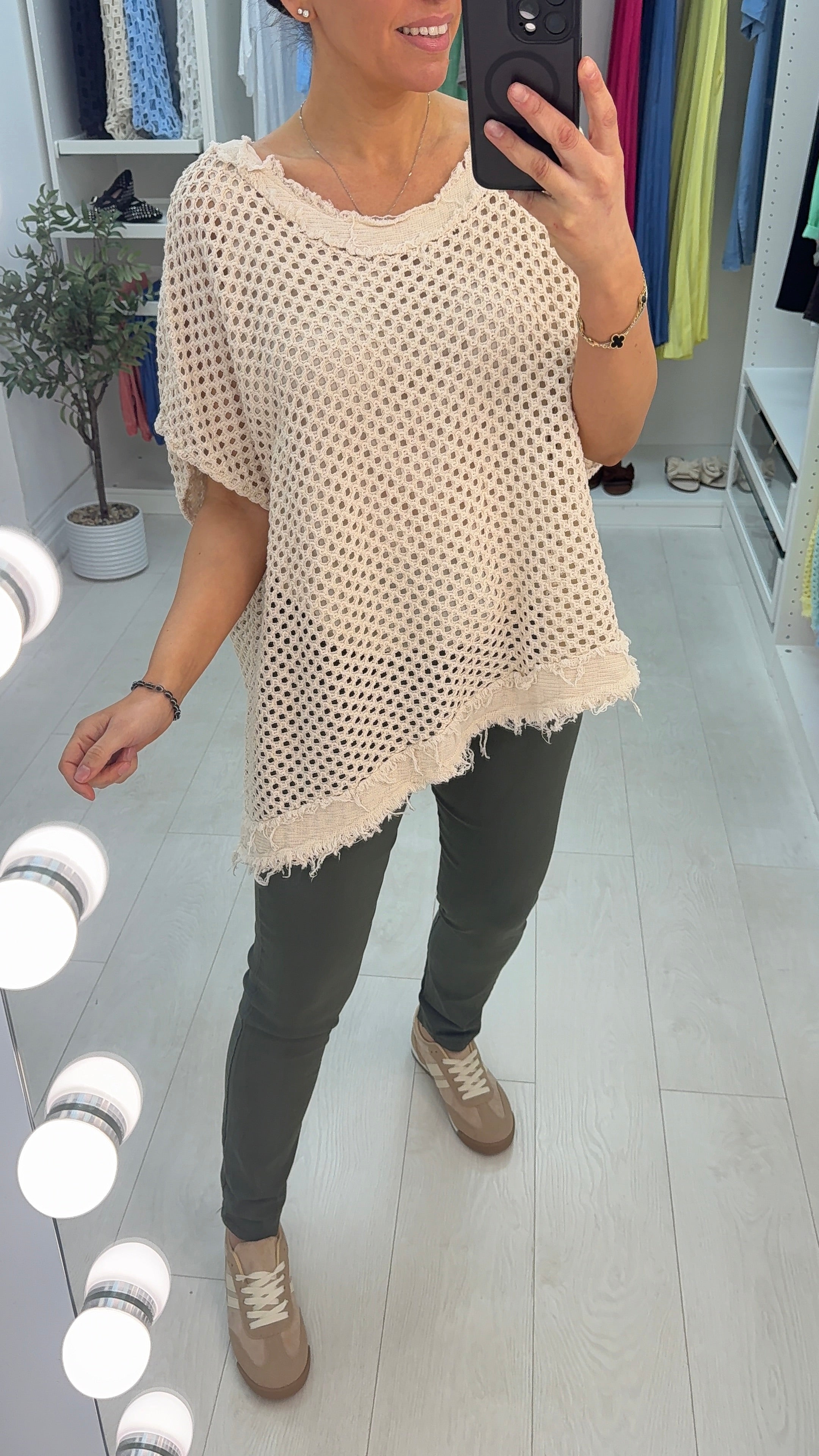 Sharina Frayed Edge Asymmetric Crochet Top