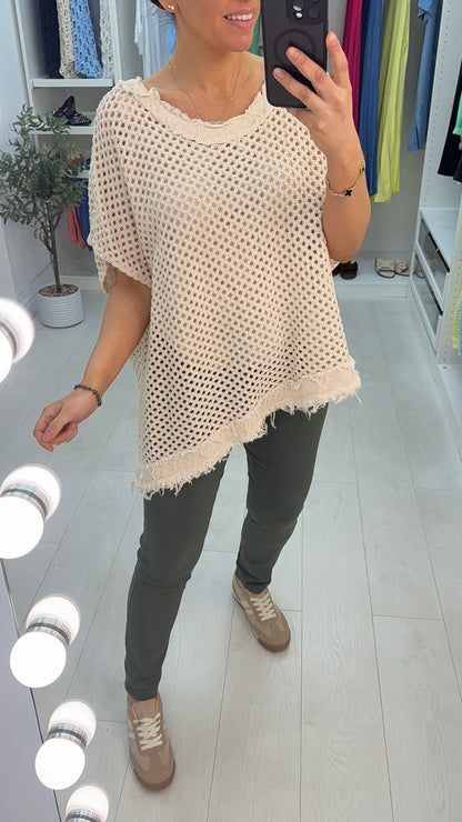 Sharina Frayed Edge Asymmetric Crochet Top