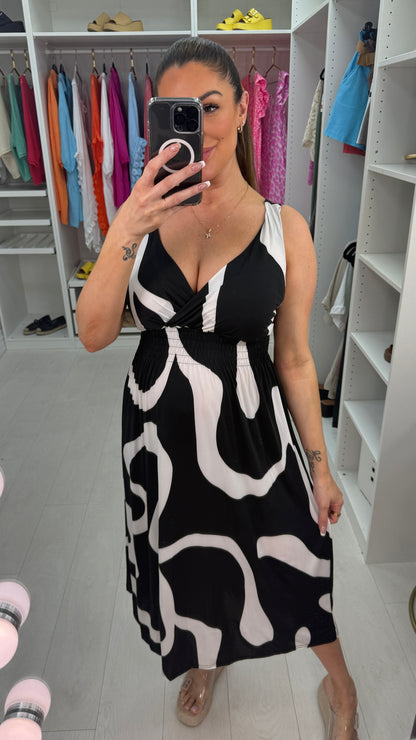 Zena Abstract Print Deep V Neck Magic Dress