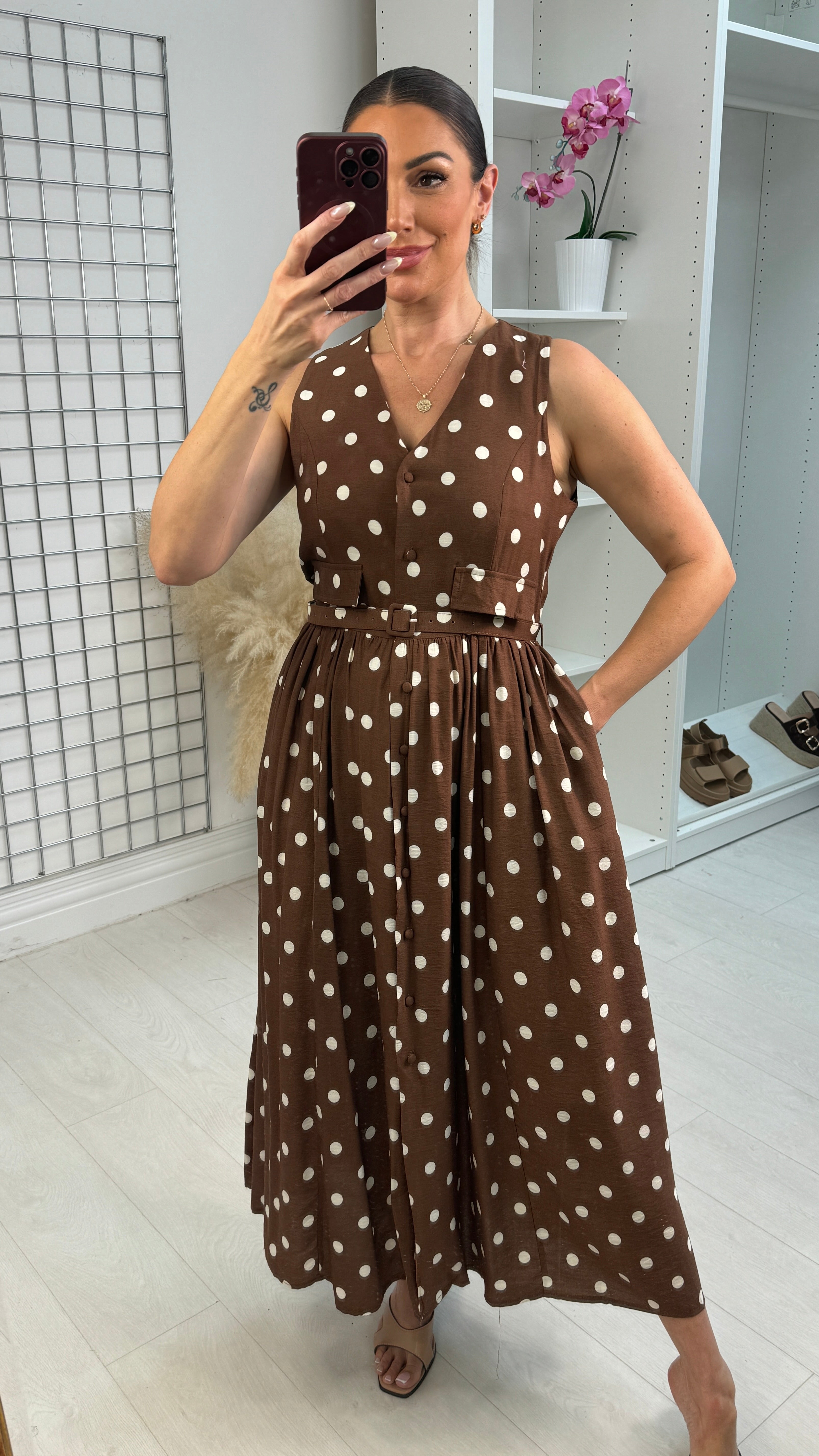 Zoya Polka Dot Belted Midi Dress