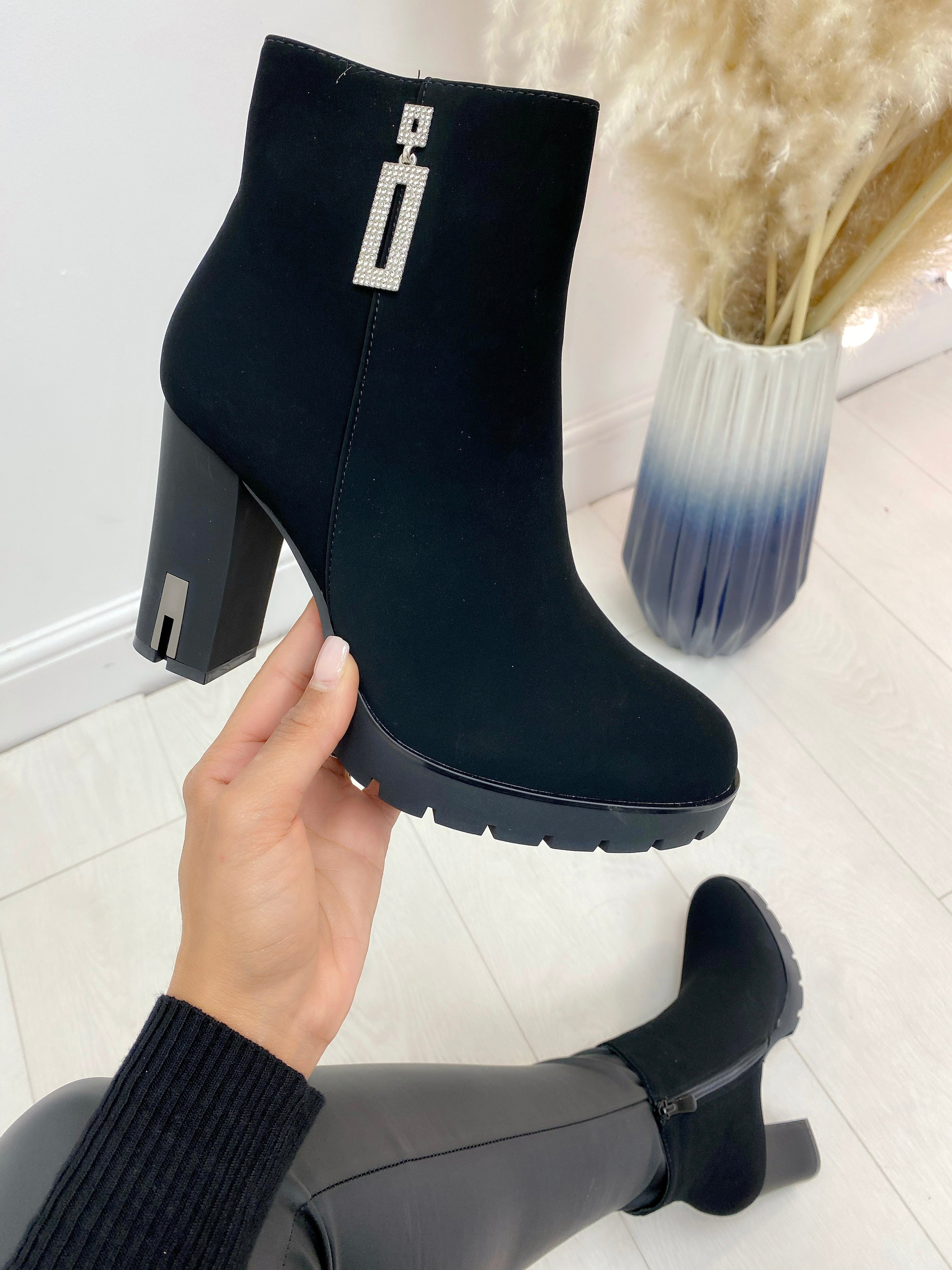 Kitty Black Soft Faux Suede Diamante Detail Chunky Heel Boot