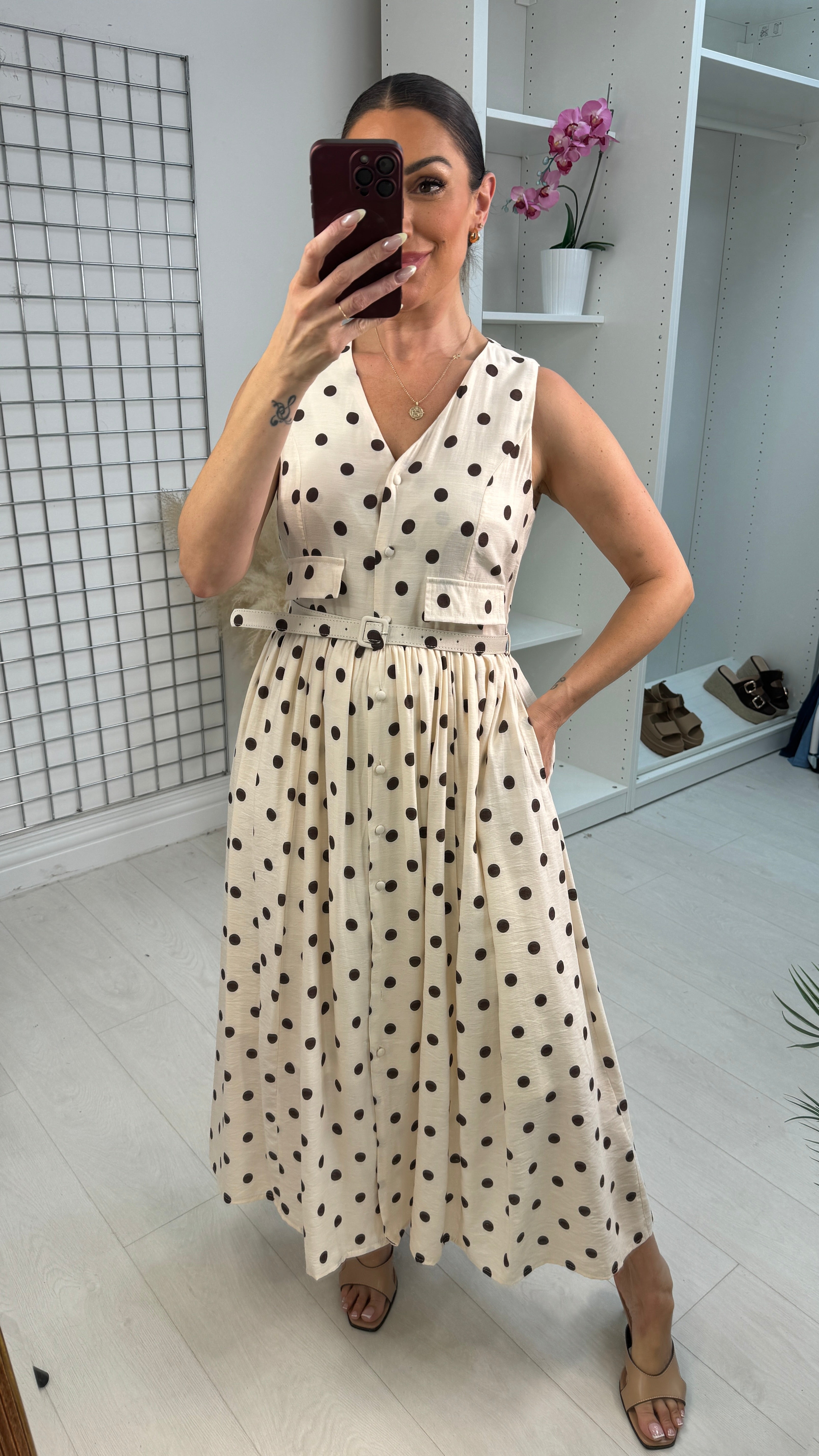 Zoya Polka Dot Belted Midi Dress