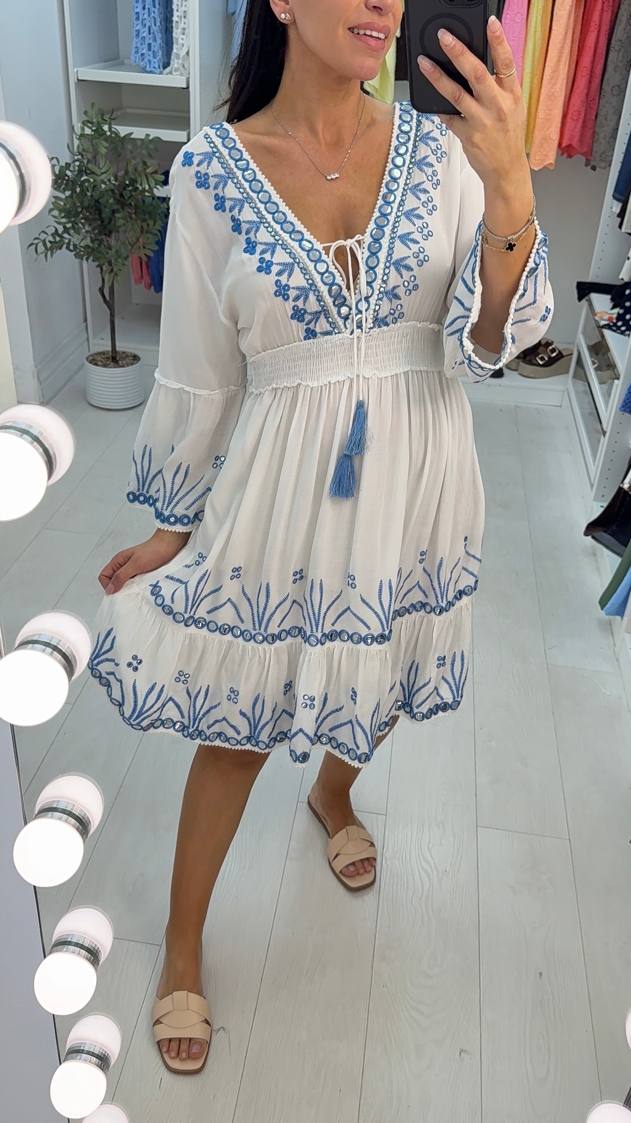 Quinta Embellished V Neck Shirred Waist Midi Dress