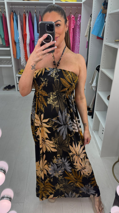 Gaynor Leaf Print Elasticated Bust Magic Maxi Dress
