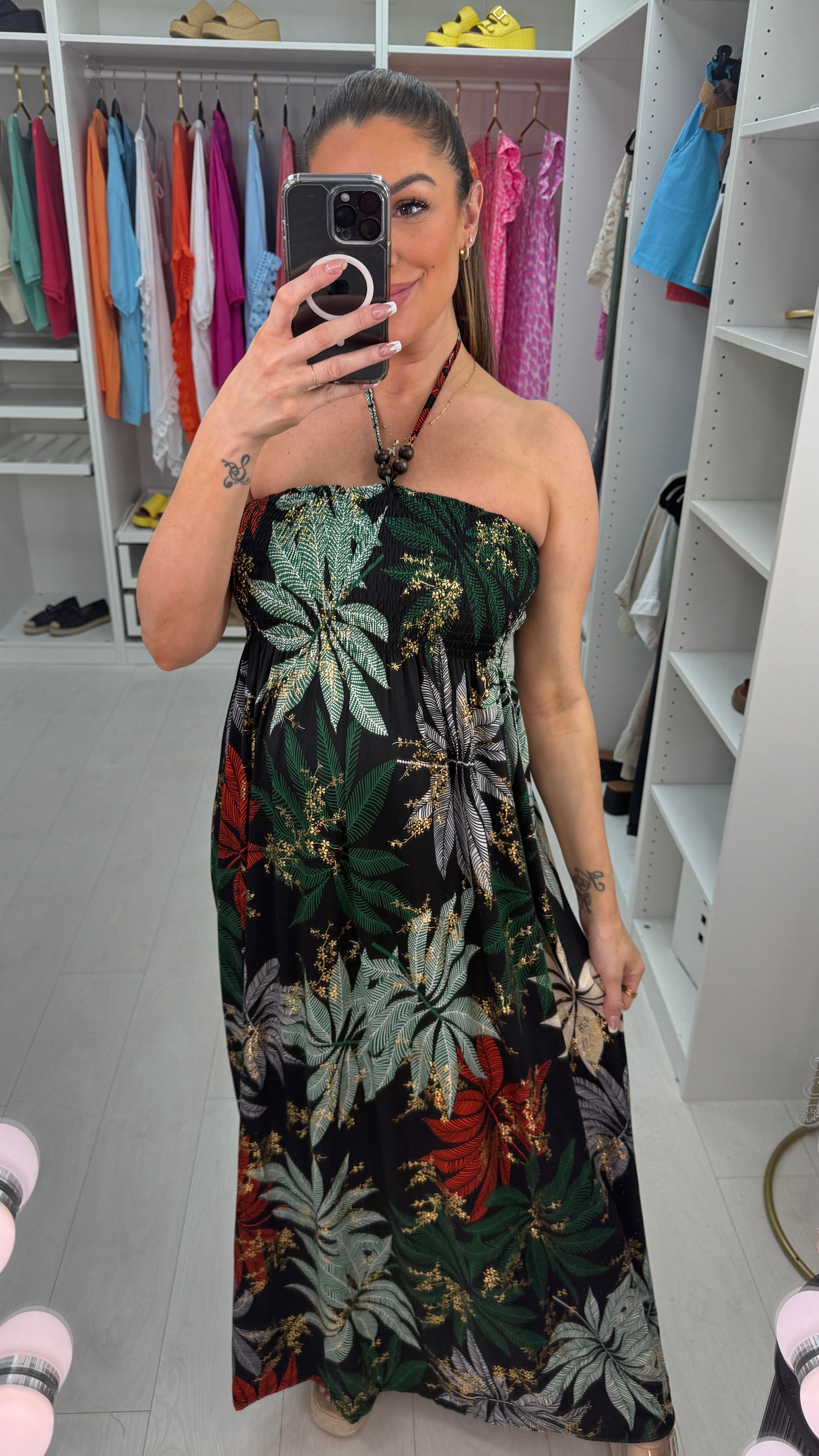 Gaynor Leaf Print Elasticated Bust Magic Maxi Dress