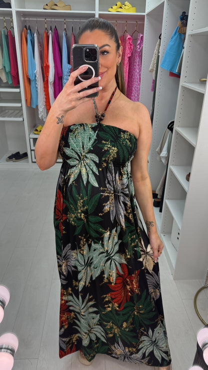 Gaynor Leaf Print Elasticated Bust Magic Maxi Dress