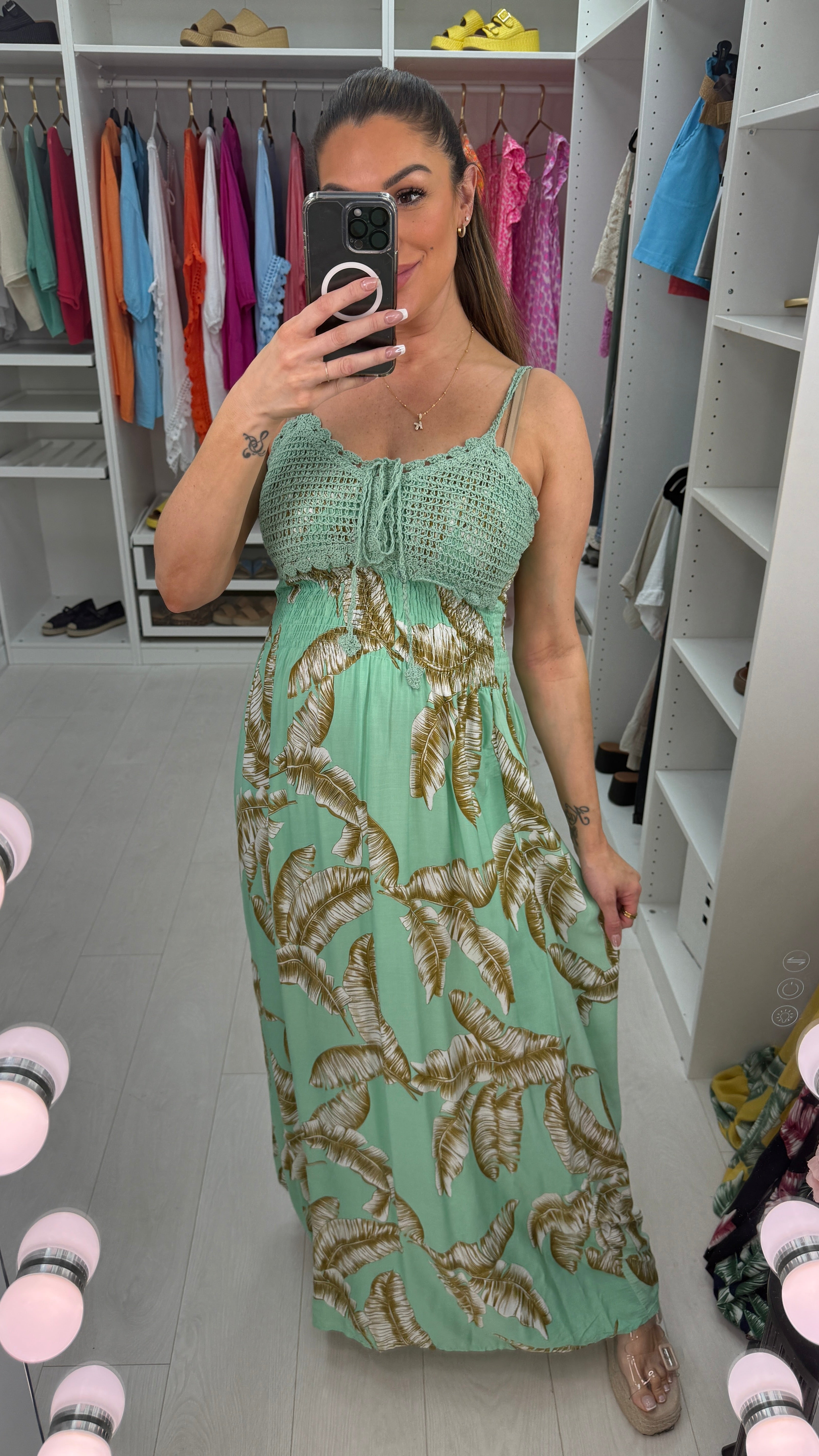 Kindra Leaf Print Crochet Bust Maxi Dress