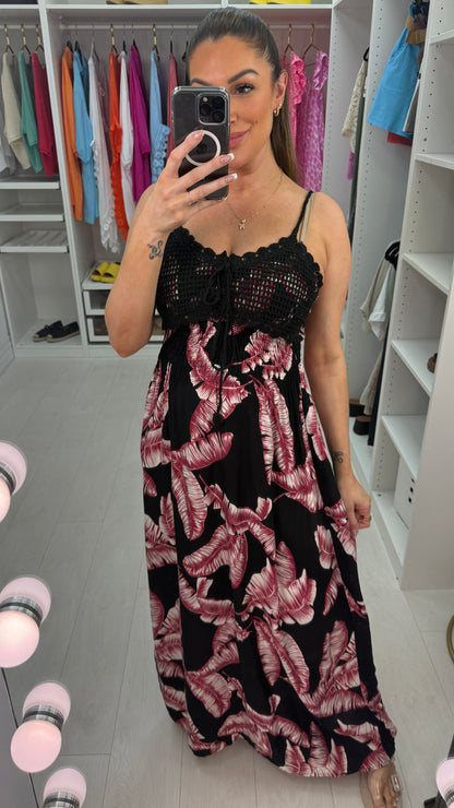 Kindra Leaf Print Crochet Bust Maxi Dress