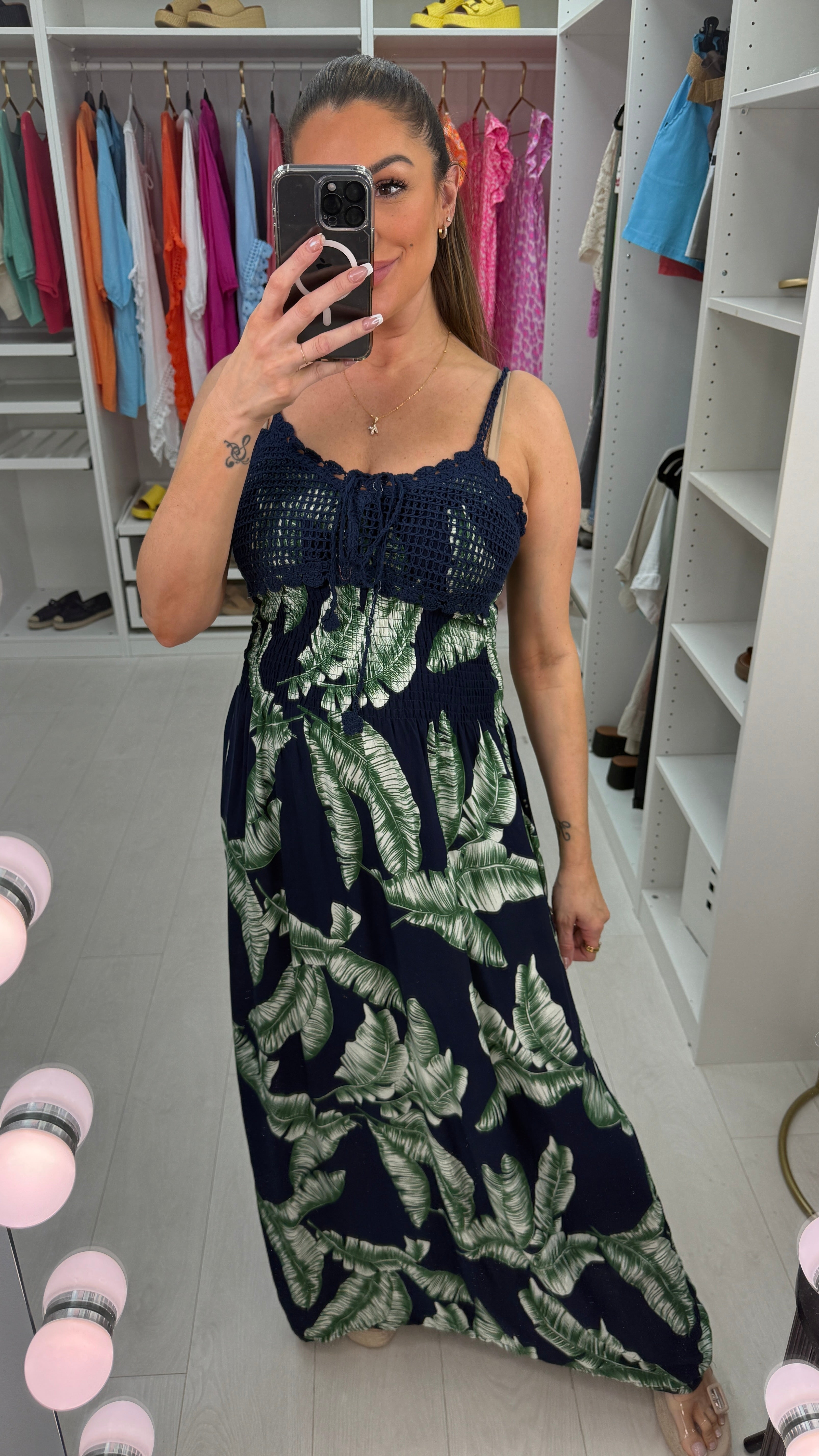 Kindra Leaf Print Crochet Bust Maxi Dress