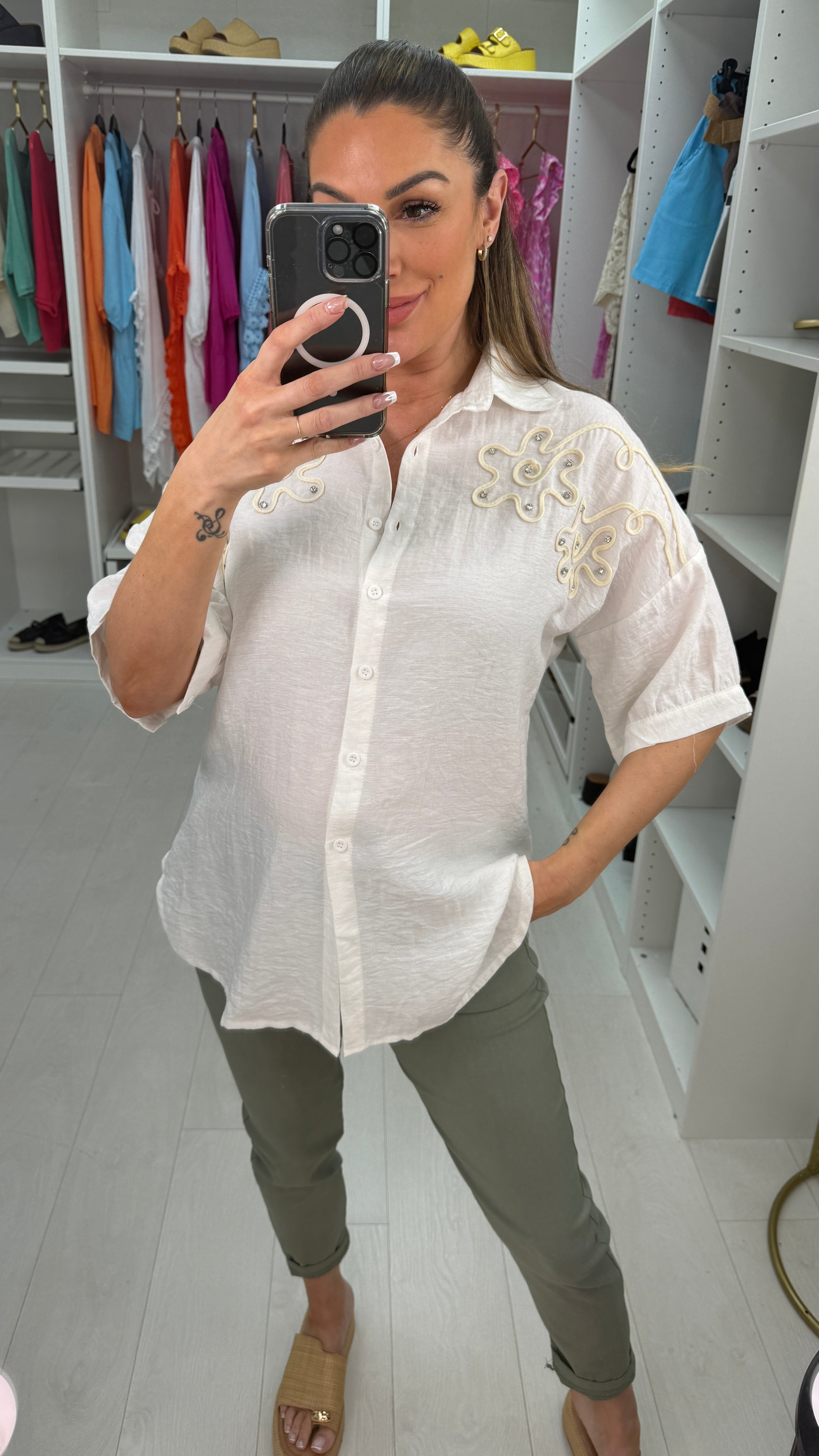 Lucretia Plain Floral Embellished Linen Shirt