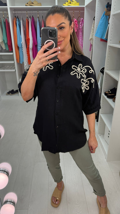 Lucretia Plain Floral Embellished Linen Shirt