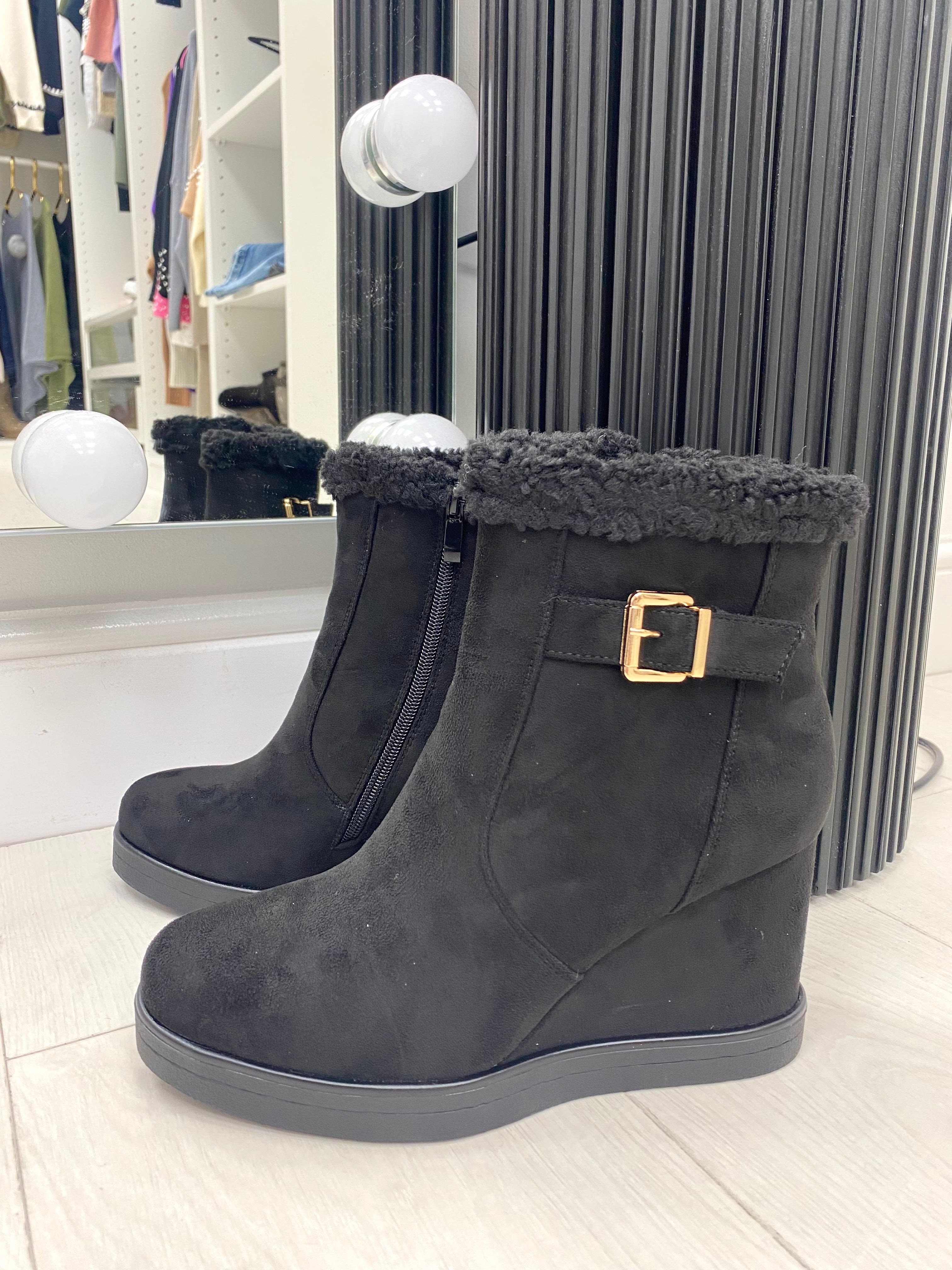 Jeanie Faux Suede Buckle Wedge Boot