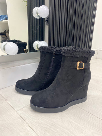 Jeanie Faux Suede Buckle Wedge Boot