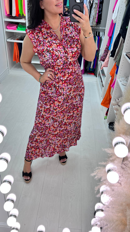 Rawiya Floral Print Frill Sleeve Button Tie Waist Summer Dress