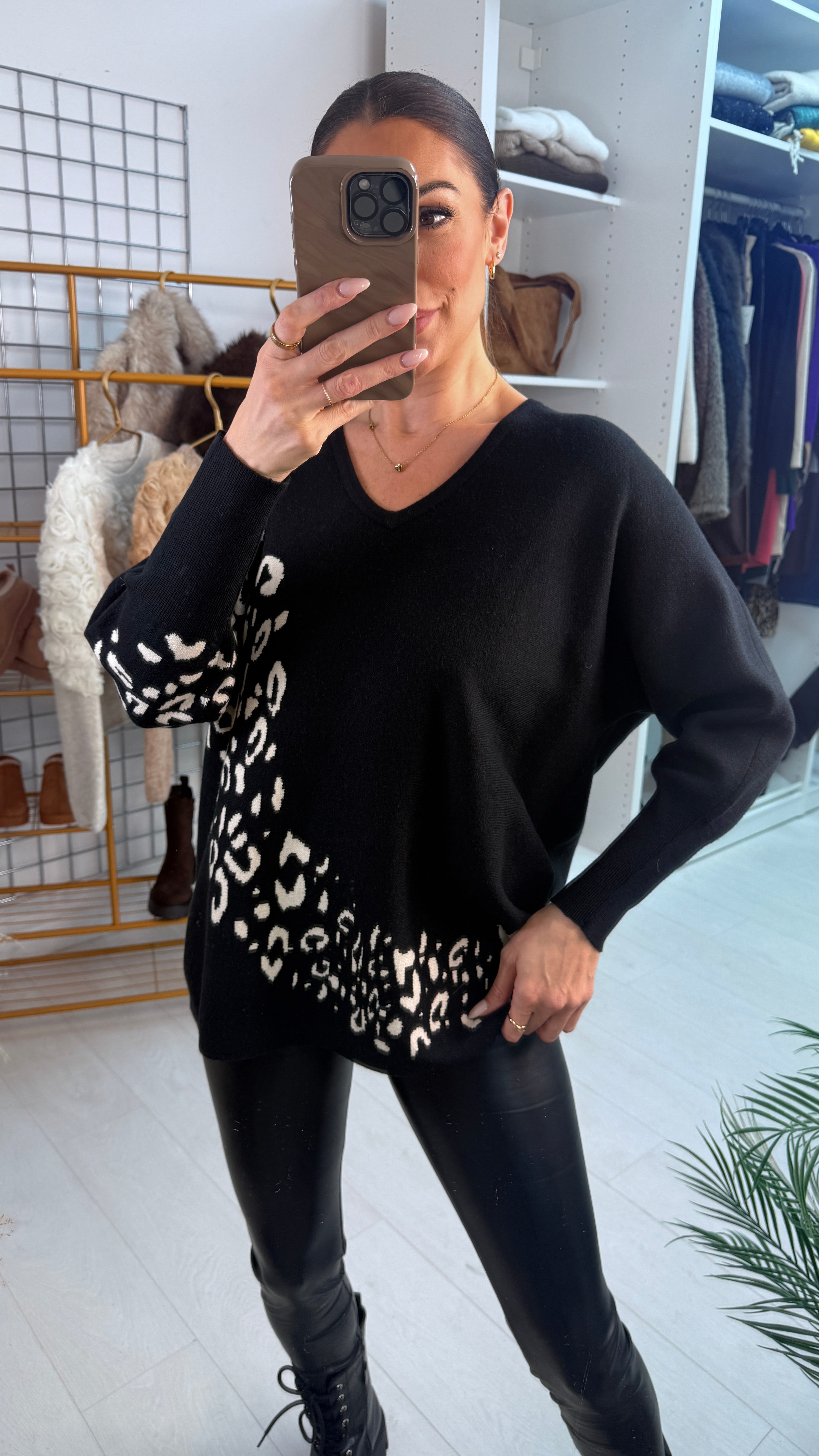 Edina Leopard Print Loose Fit V Neck Jumper