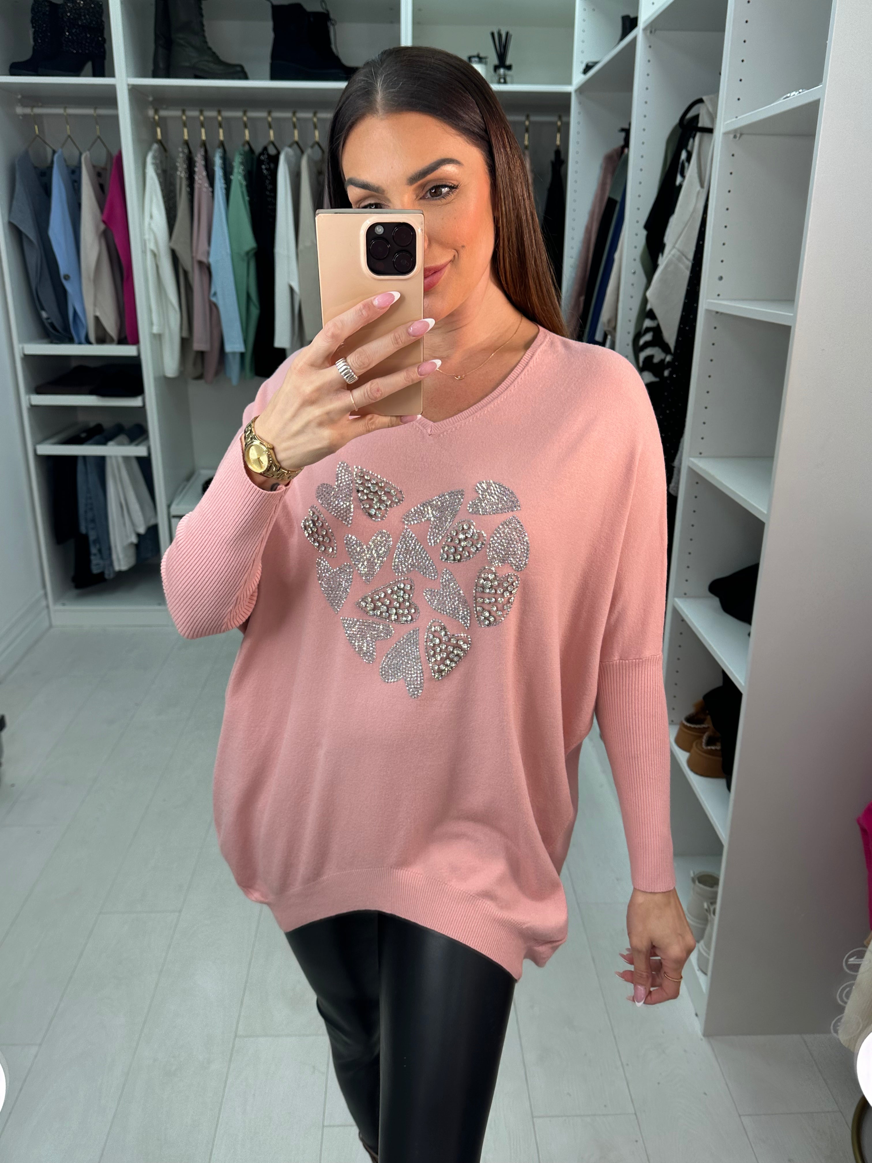 Carys Heart Silver Diamante & Gem V-Neck Jumper