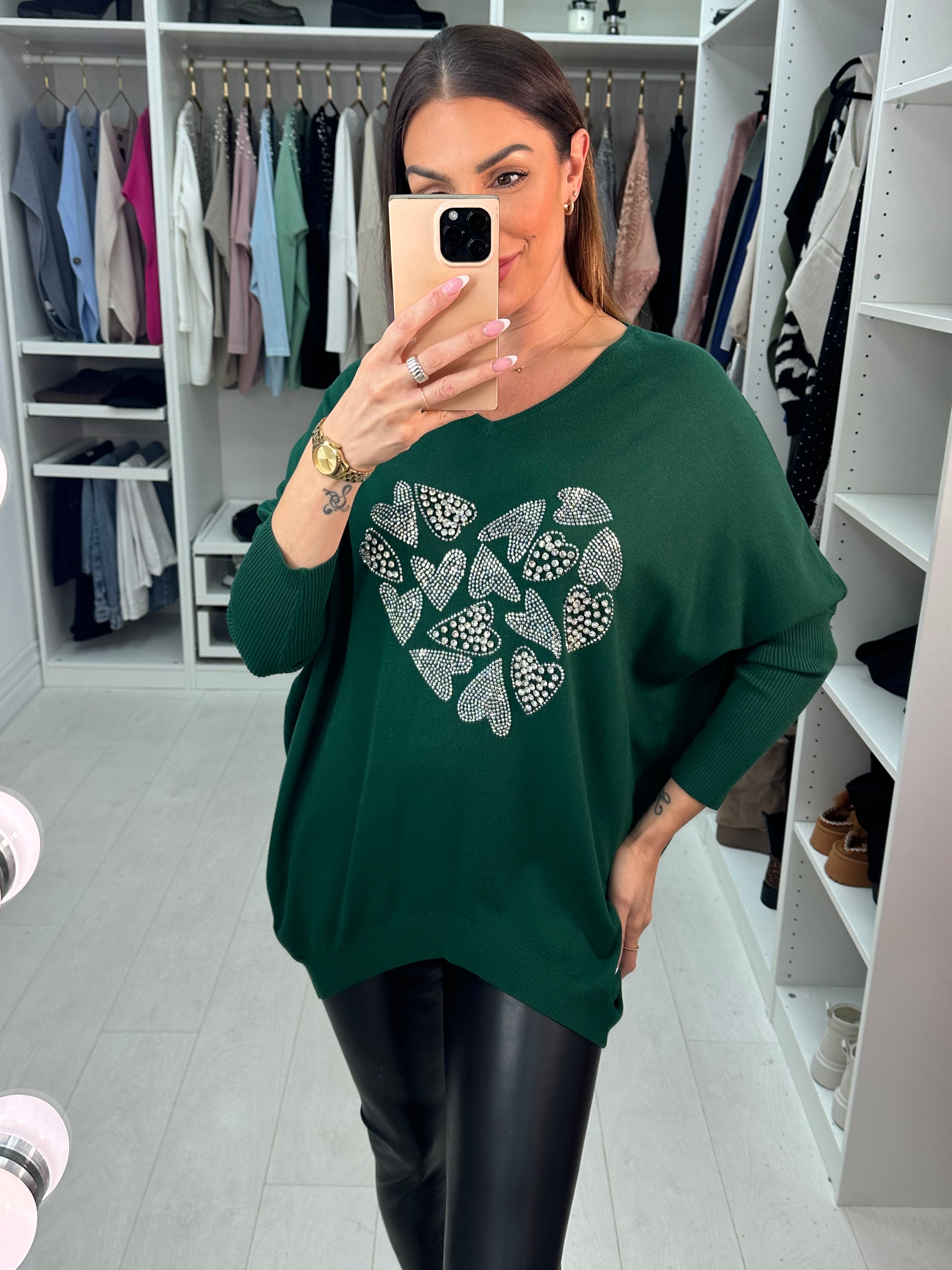 Carys Heart Silver Diamante & Gem V-Neck Jumper