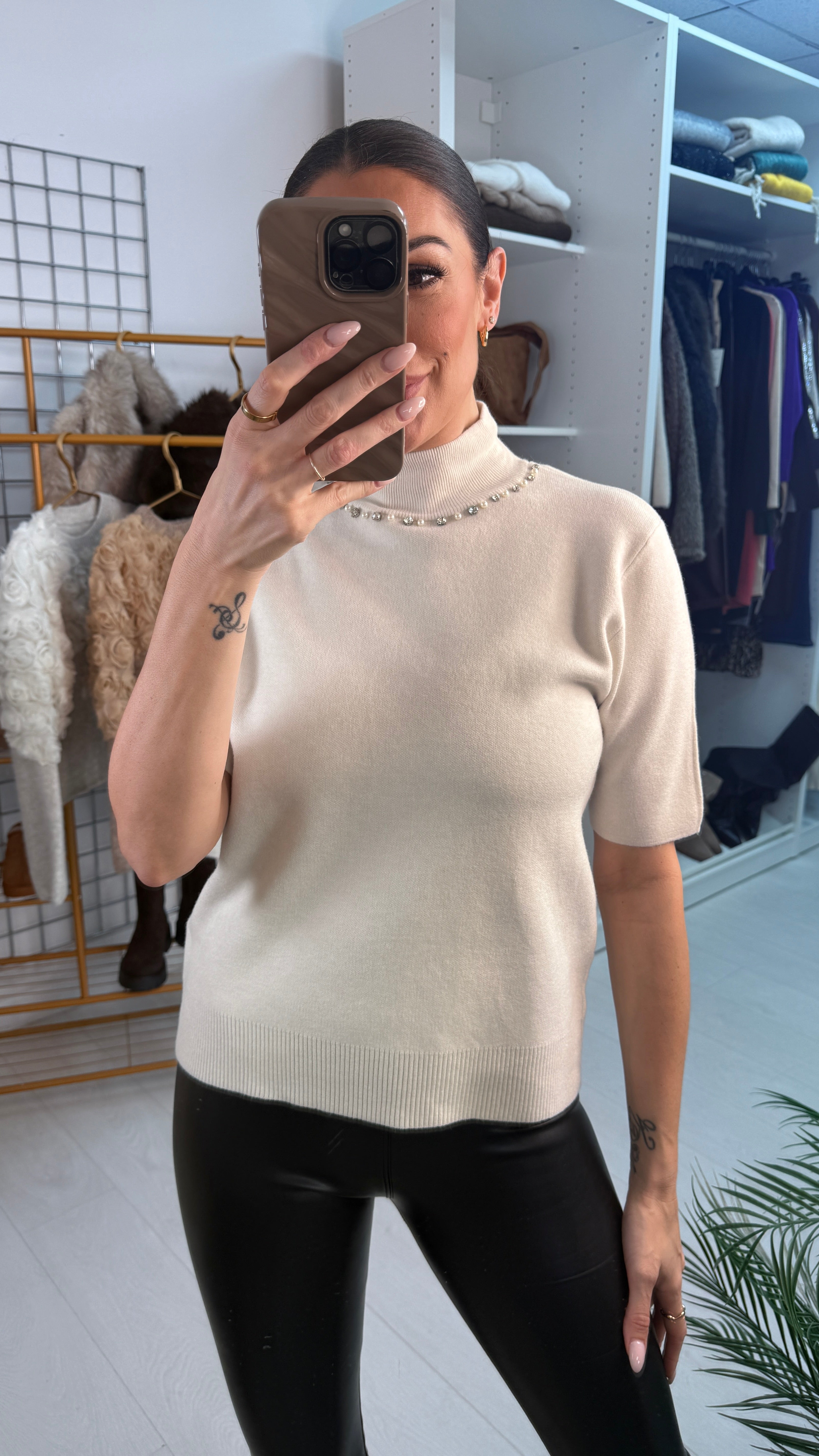 Novalie Embellished Neckline Short Sleeve Jumper