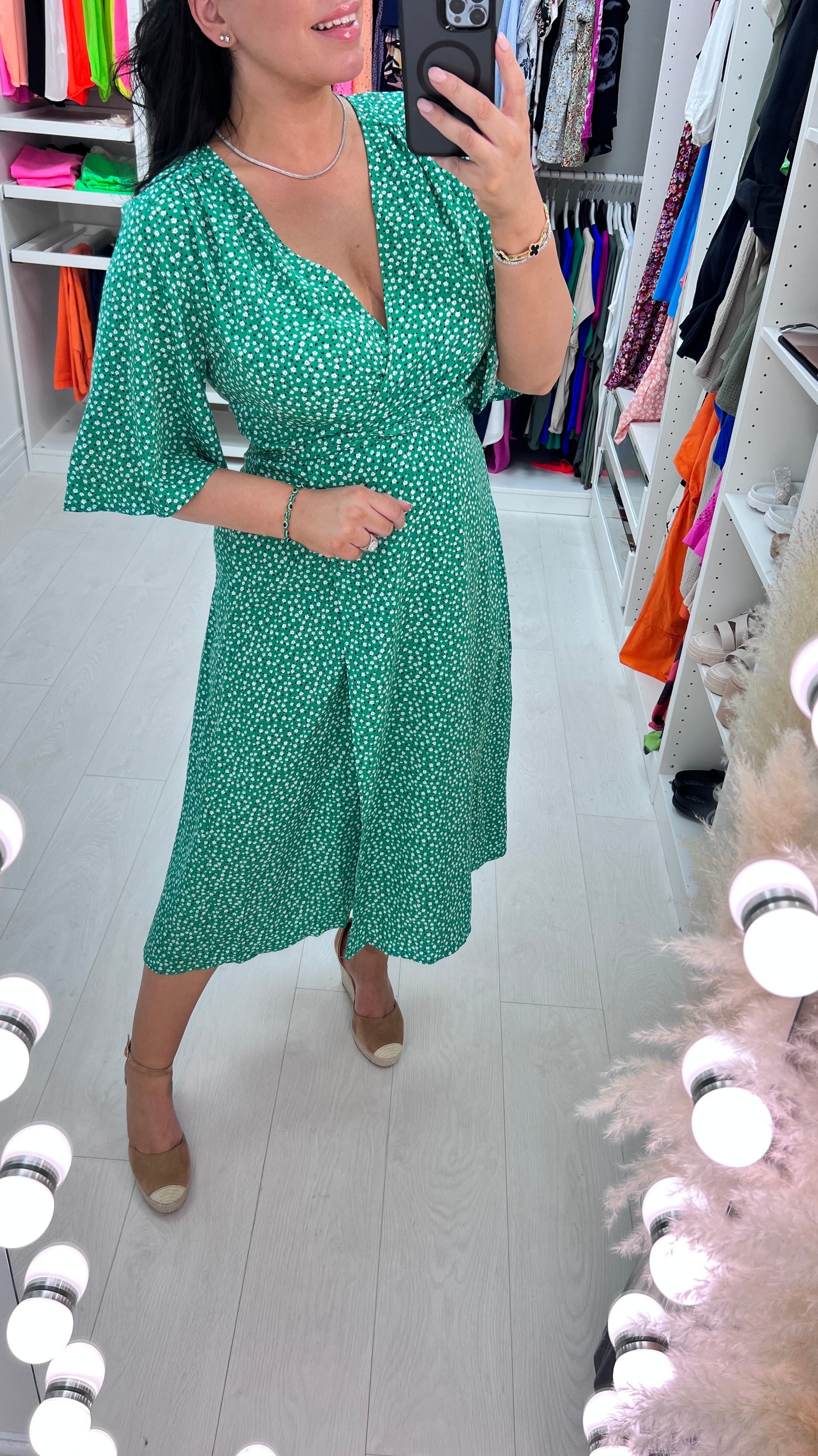 Evset Emerald Ditsy Print Wrap Midi Dress