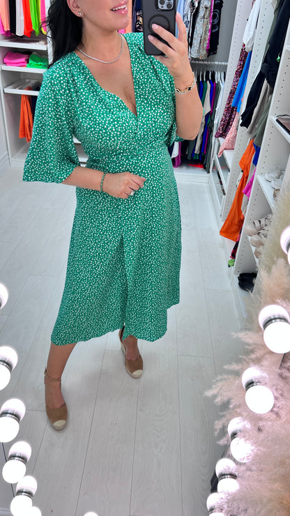 Evset Emerald Ditsy Print Wrap Midi Dress