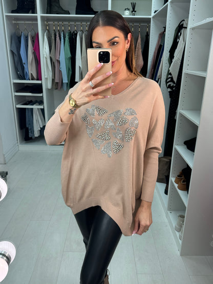 Carys Heart Silver Diamante & Gem V-Neck Jumper
