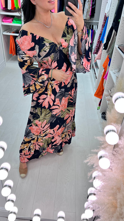 Sambina Tropical Floral Print Ruffle Maxi Dress