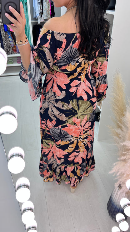 Sambina Tropical Floral Print Ruffle Maxi Dress