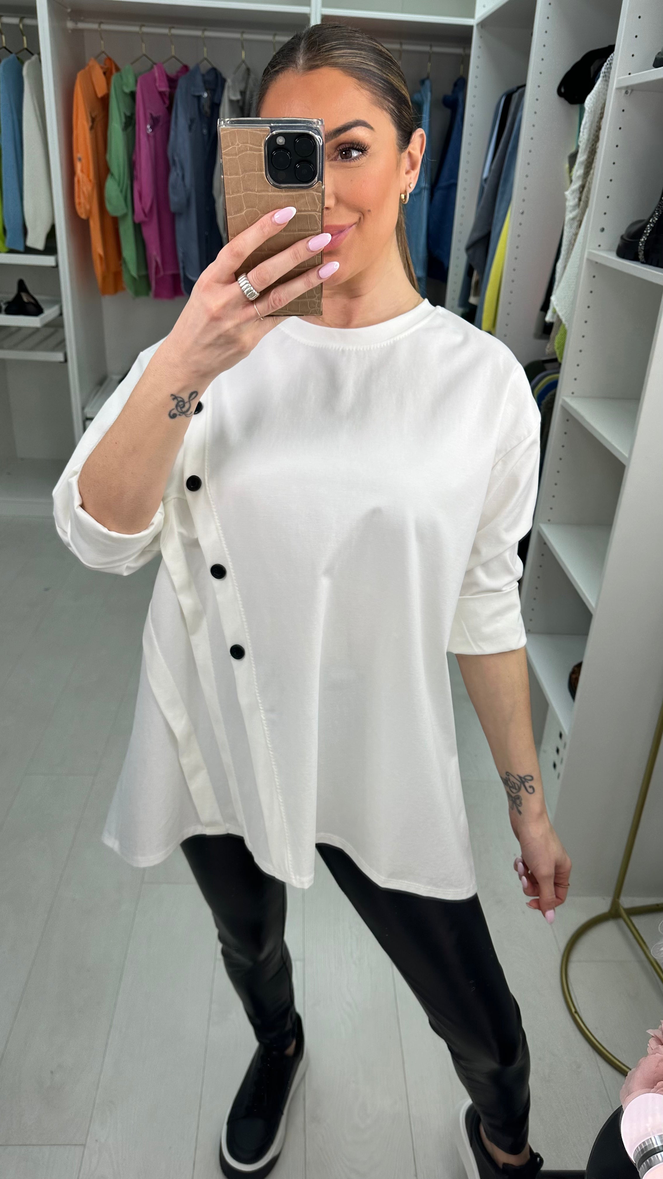 Betty Plain Oversized Button Detail Longline Top