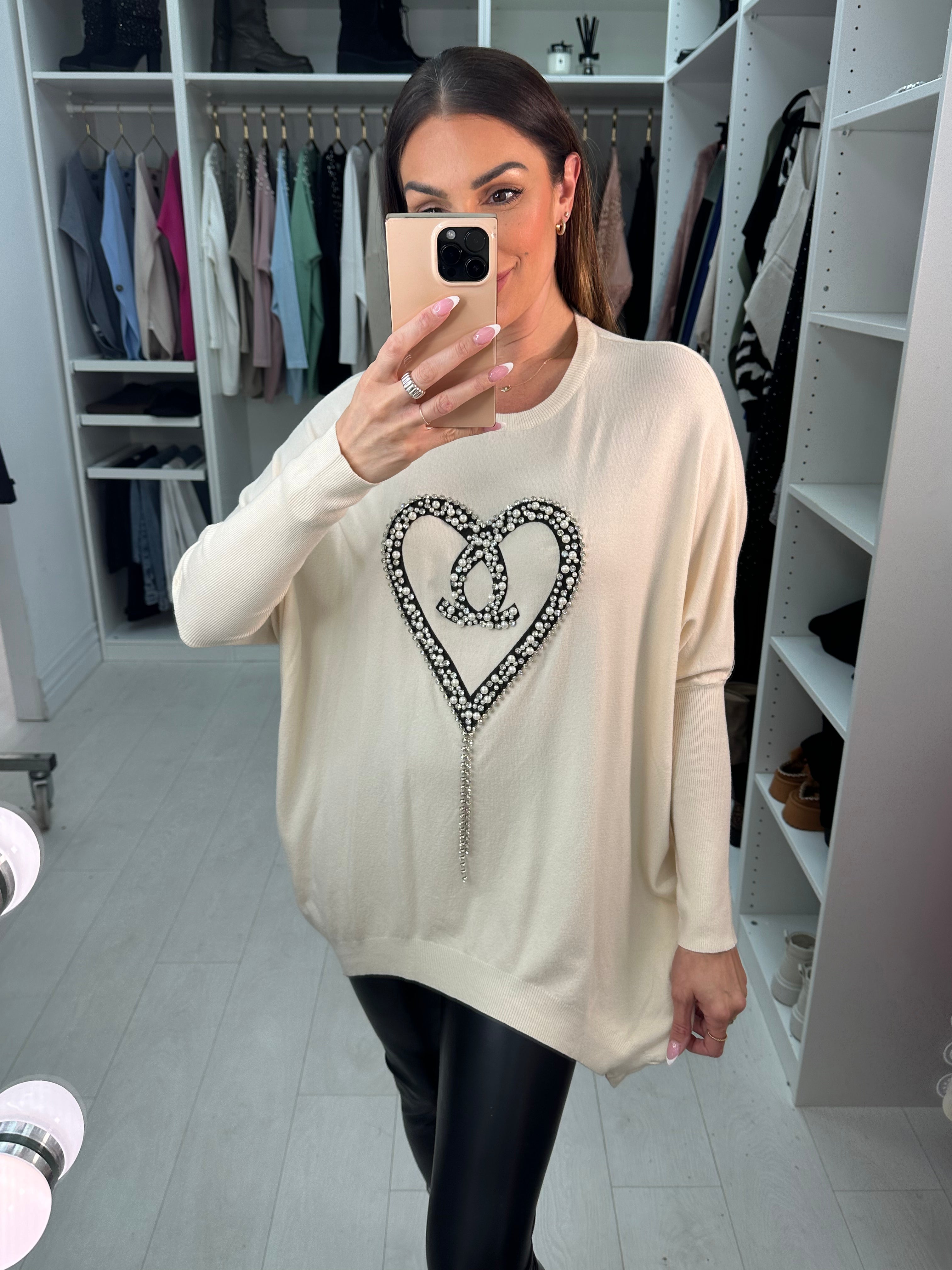 Jona Diamante & Pearl Heart Detailed Knitted Jumper