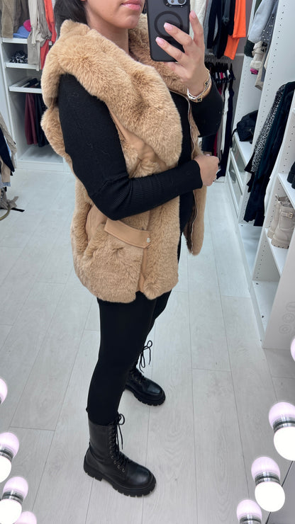Aerin Camel Faux Fur Panelled Gilet