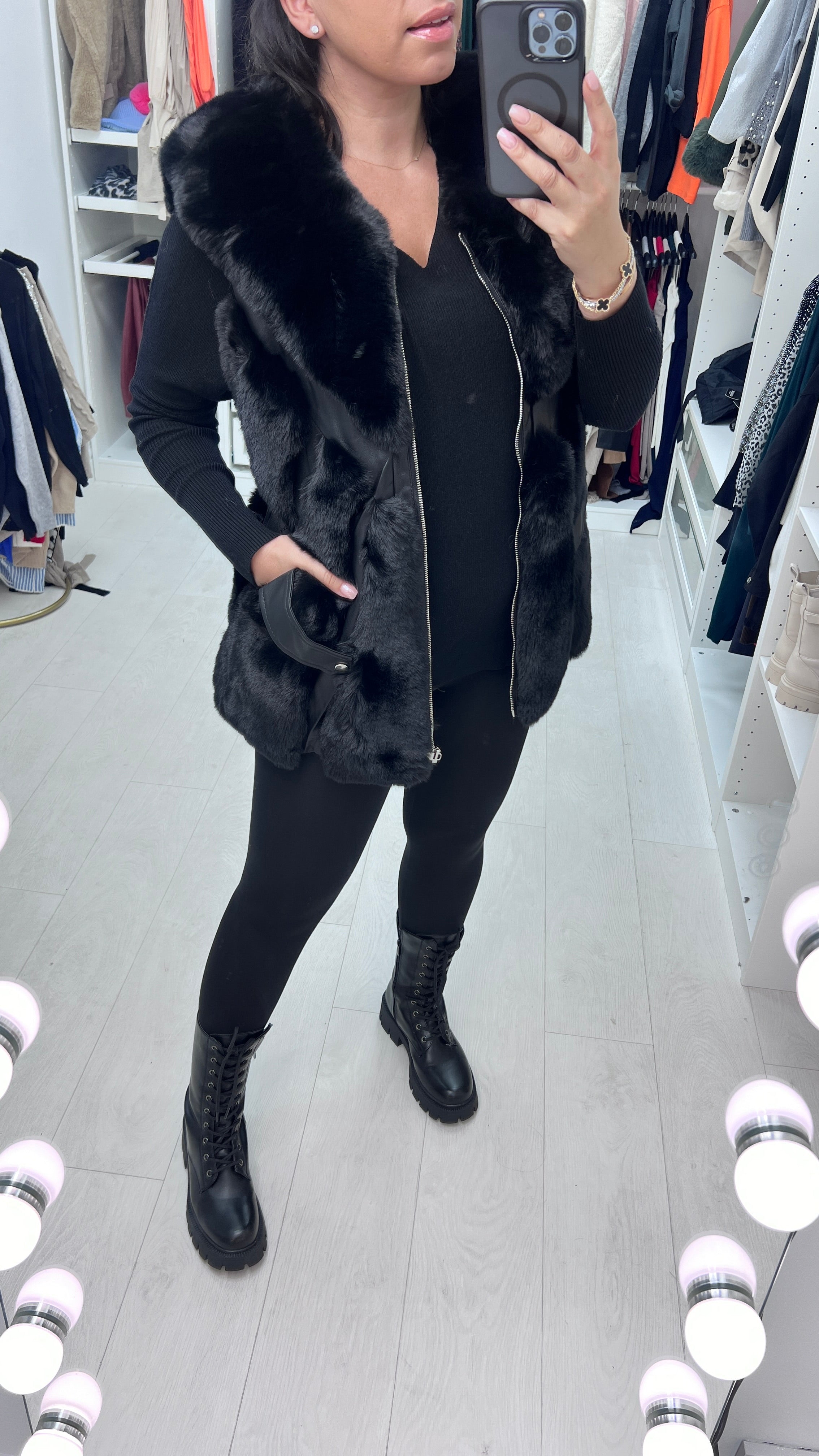 Aerin Black Faux Fur Panelled Gilet