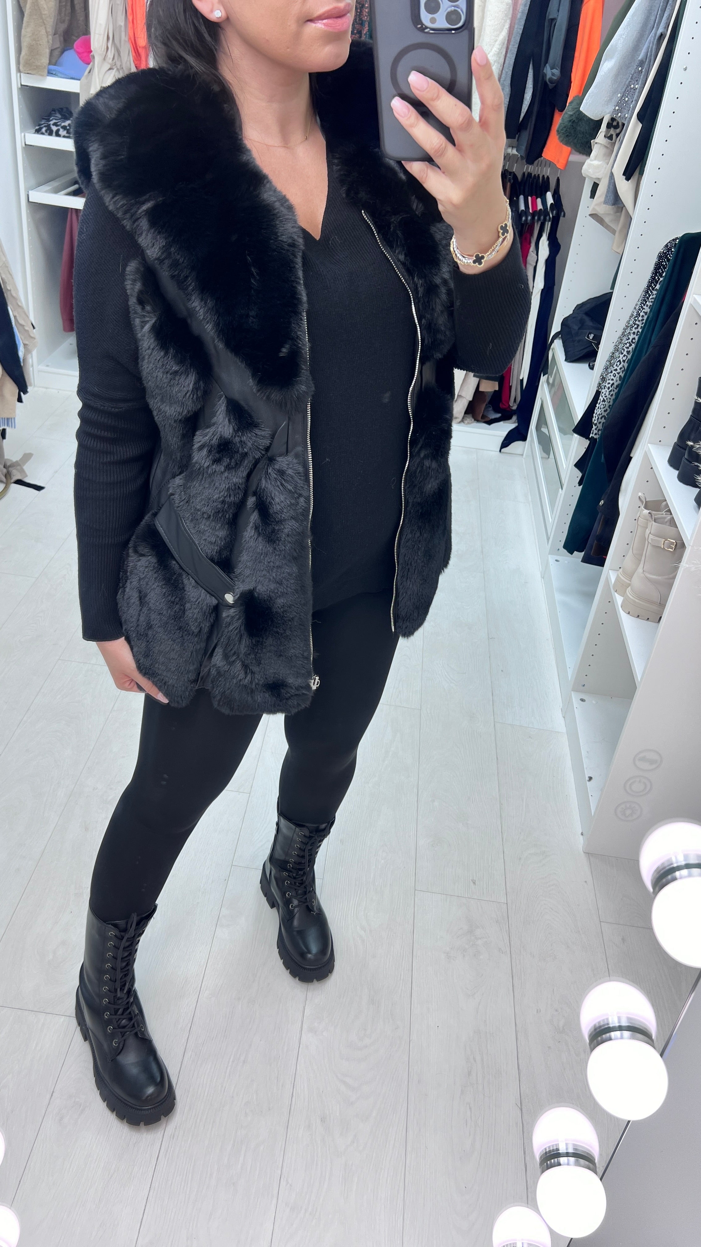 Aerin Black Faux Fur Panelled Gilet