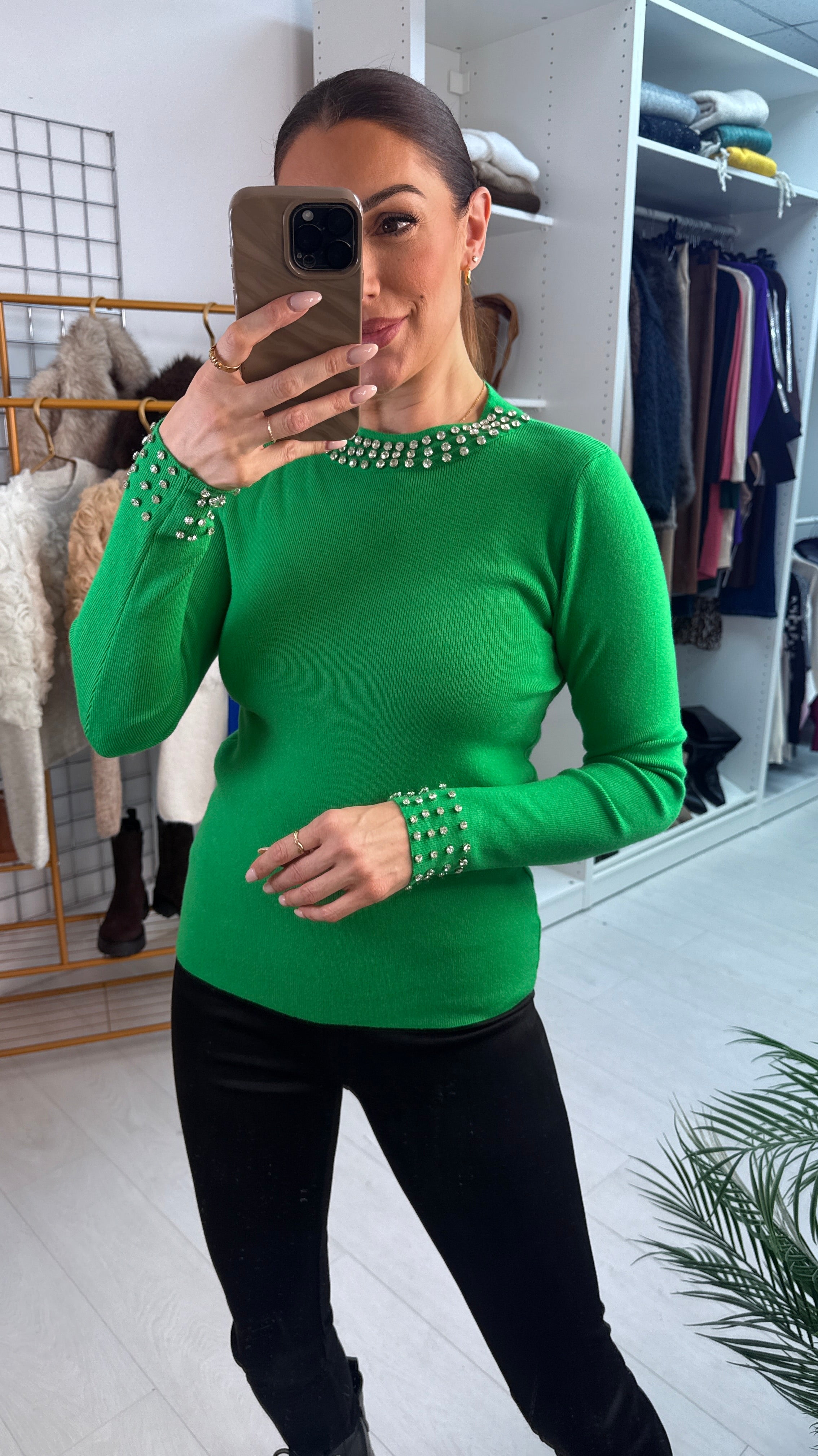 Patrese Diamante Detail Round Neck Ribbed Jumper