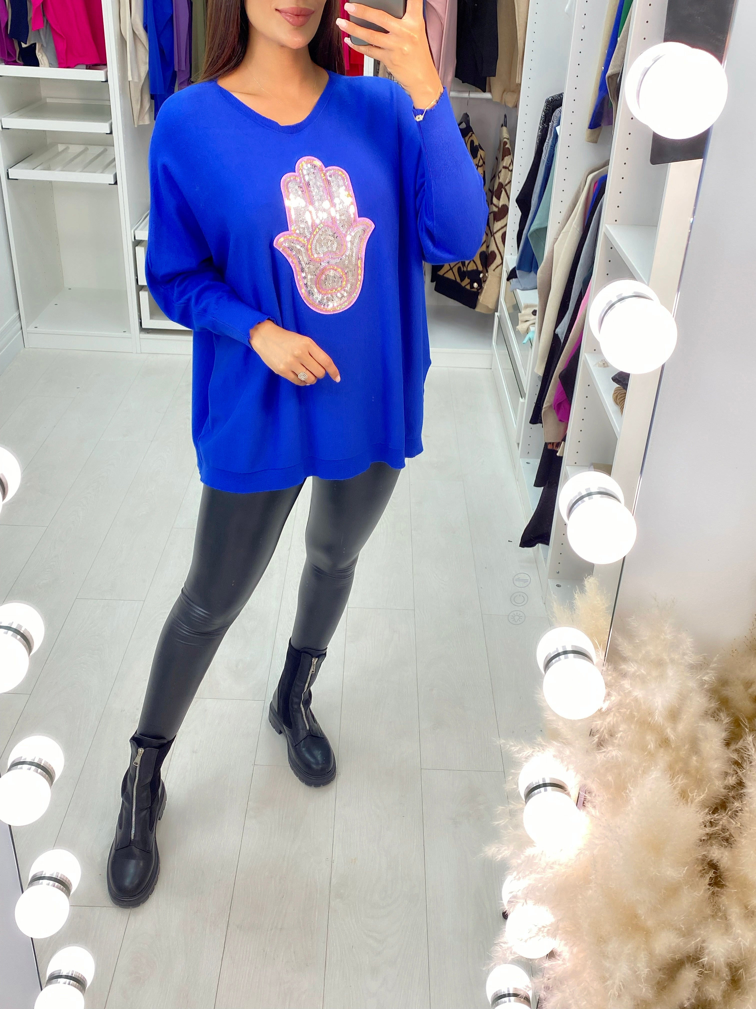 Ela Sequin Hamsa Hand Drop Sleeve Knit Top