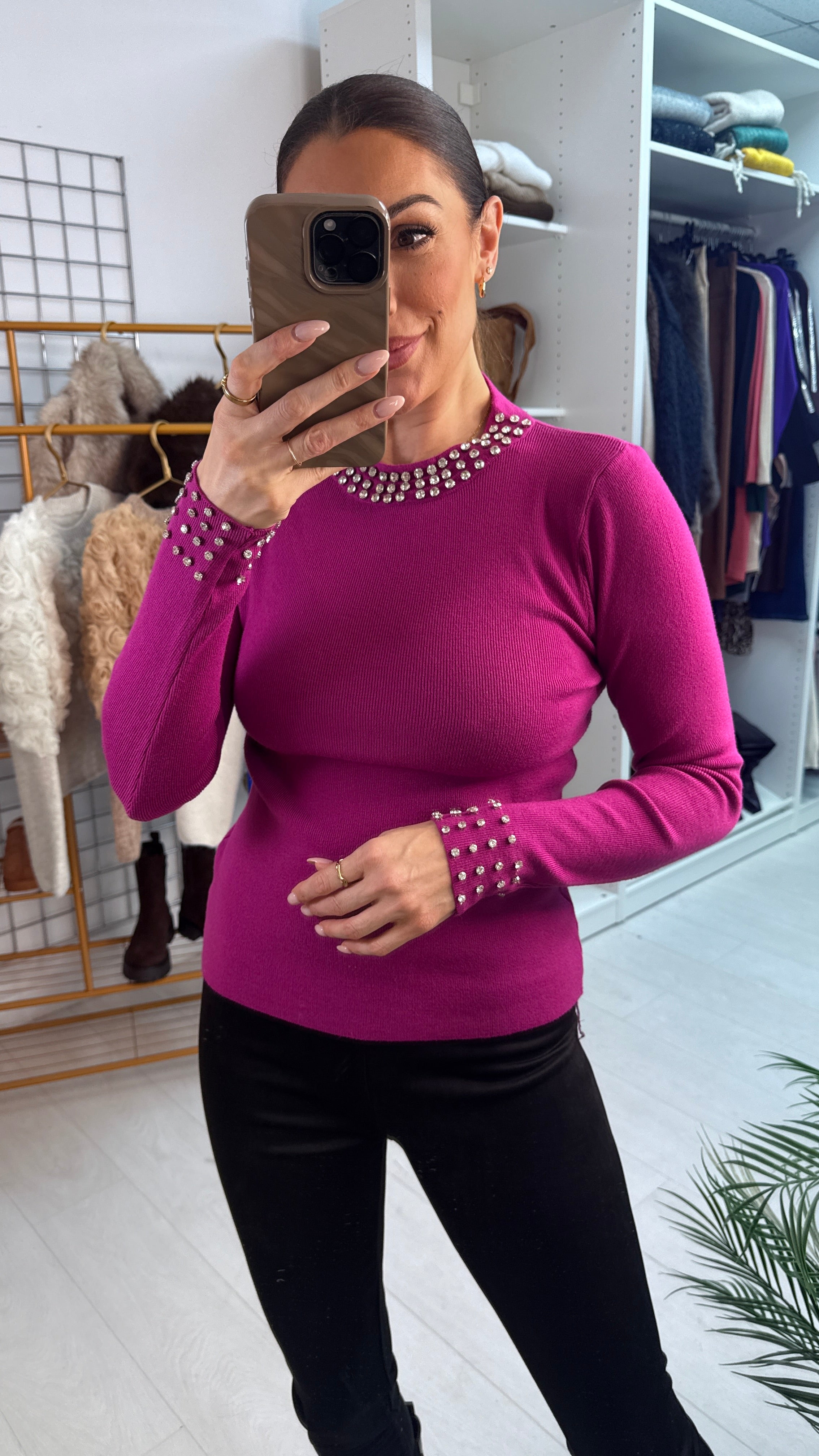 Patrese Diamante Detail Round Neck Ribbed Jumper