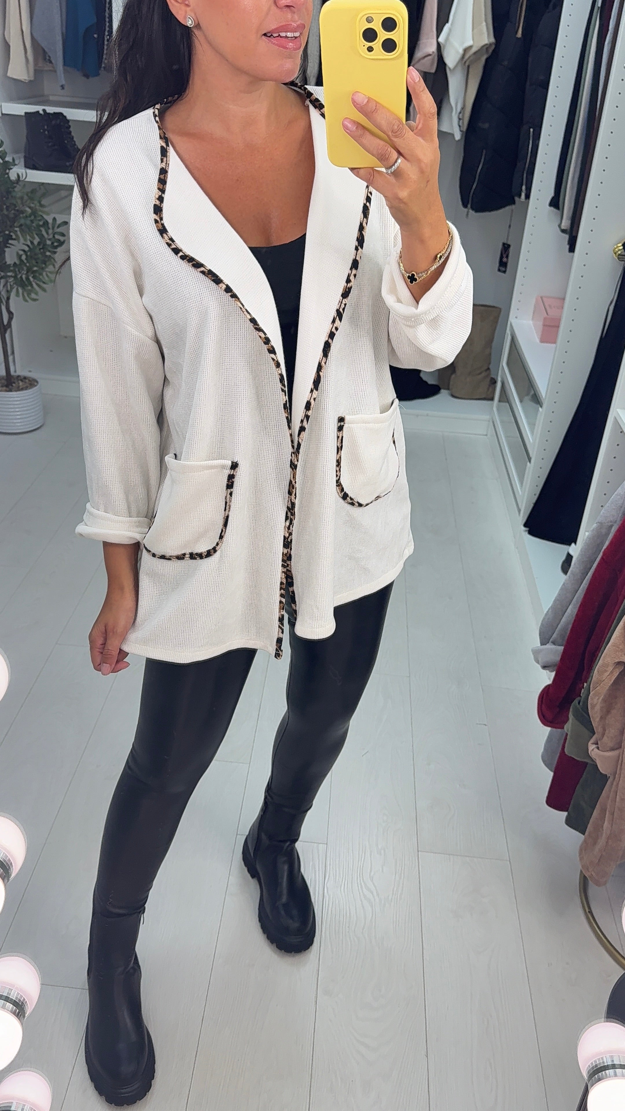 Dani Plain Leopard Print Trim Corduroy Open Front Cardigan