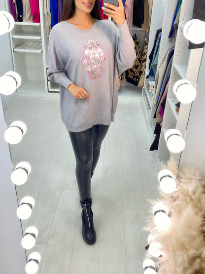 Ela Sequin Hamsa Hand Drop Sleeve Knit Top