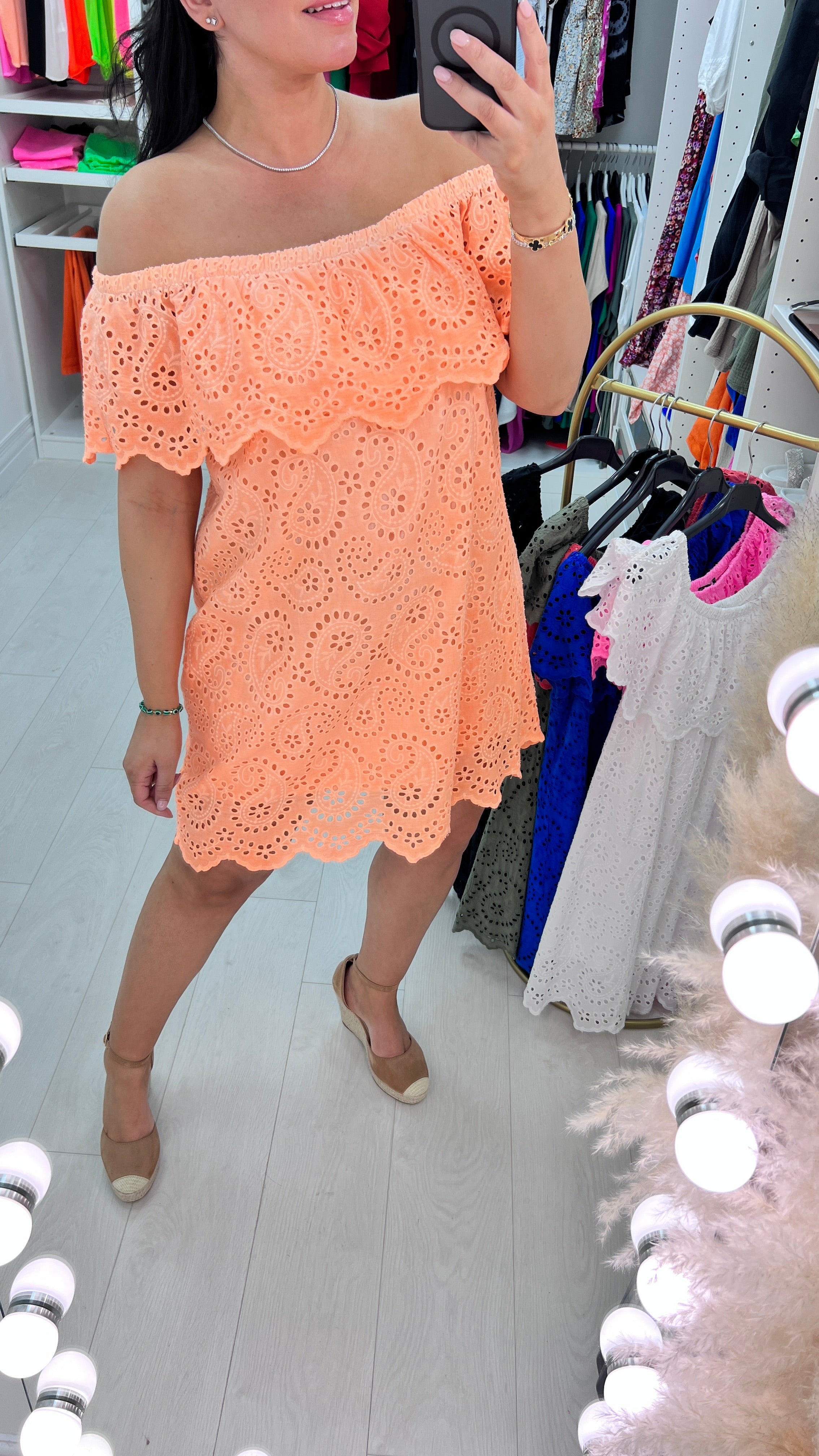 Carmen Neon Broderie Anglaise Bardot Frill Dress