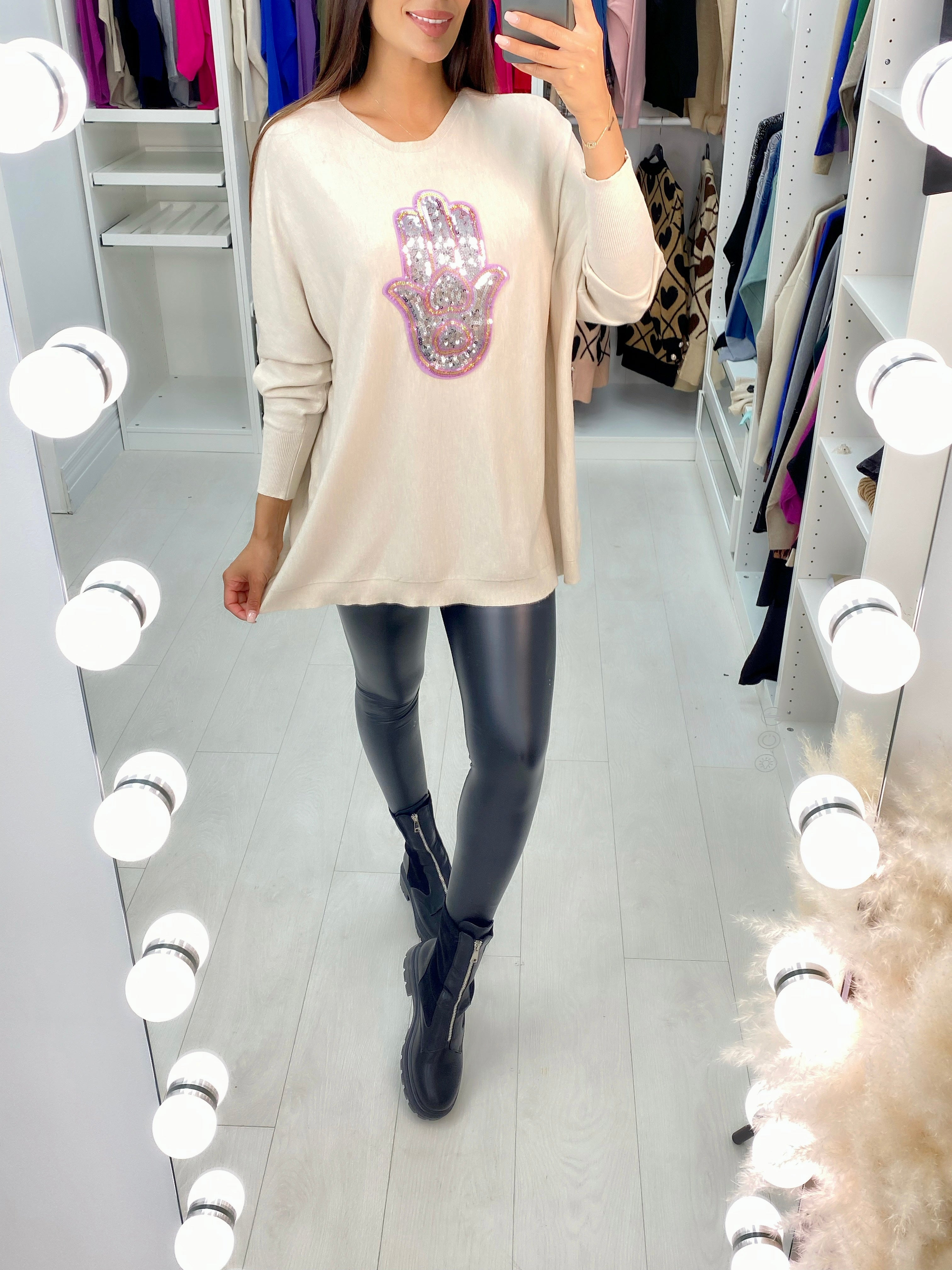 Ela Sequin Hamsa Hand Drop Sleeve Knit Top