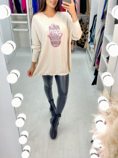 Ela Sequin Hamsa Hand Drop Sleeve Knit Top